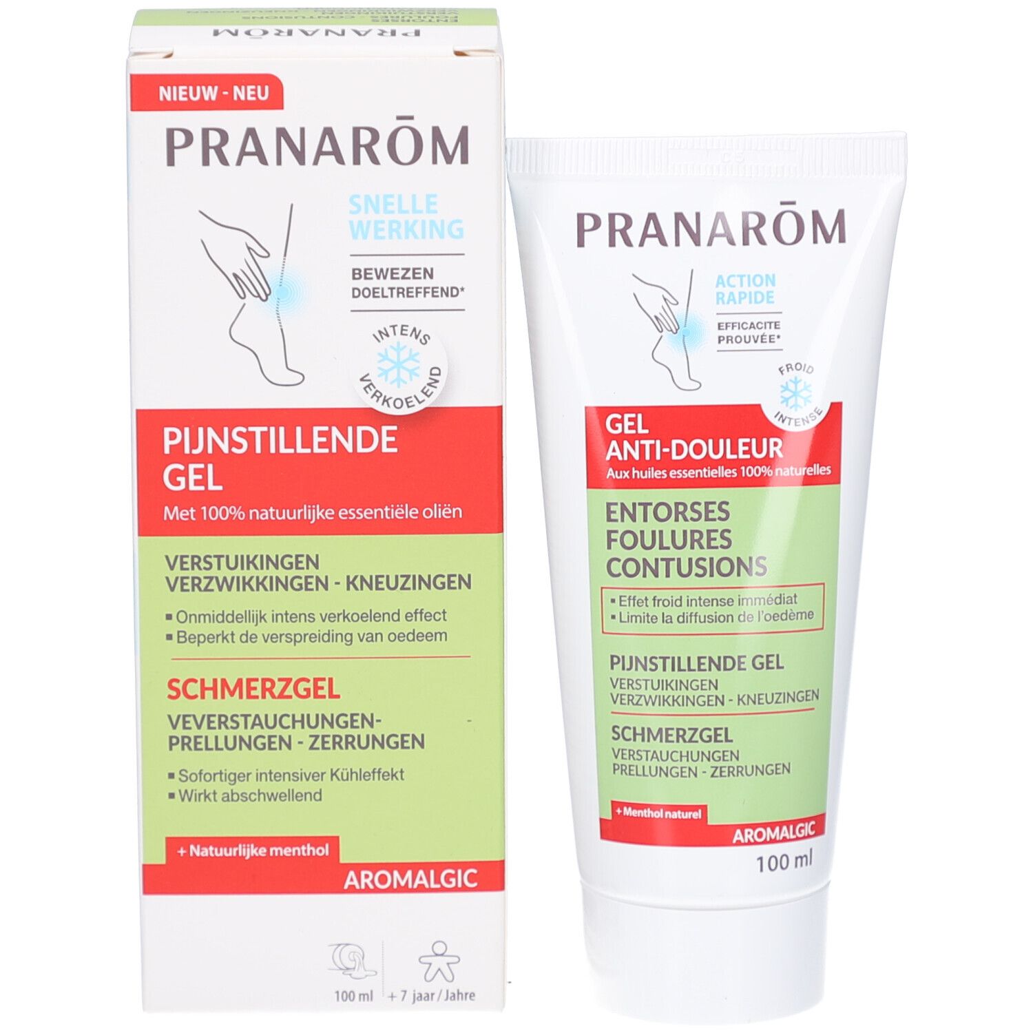 Produit et emballage. Pranarôm Aromalgic Gel Anti-douleur et boîte. Design vert et blanc. 100 ml.