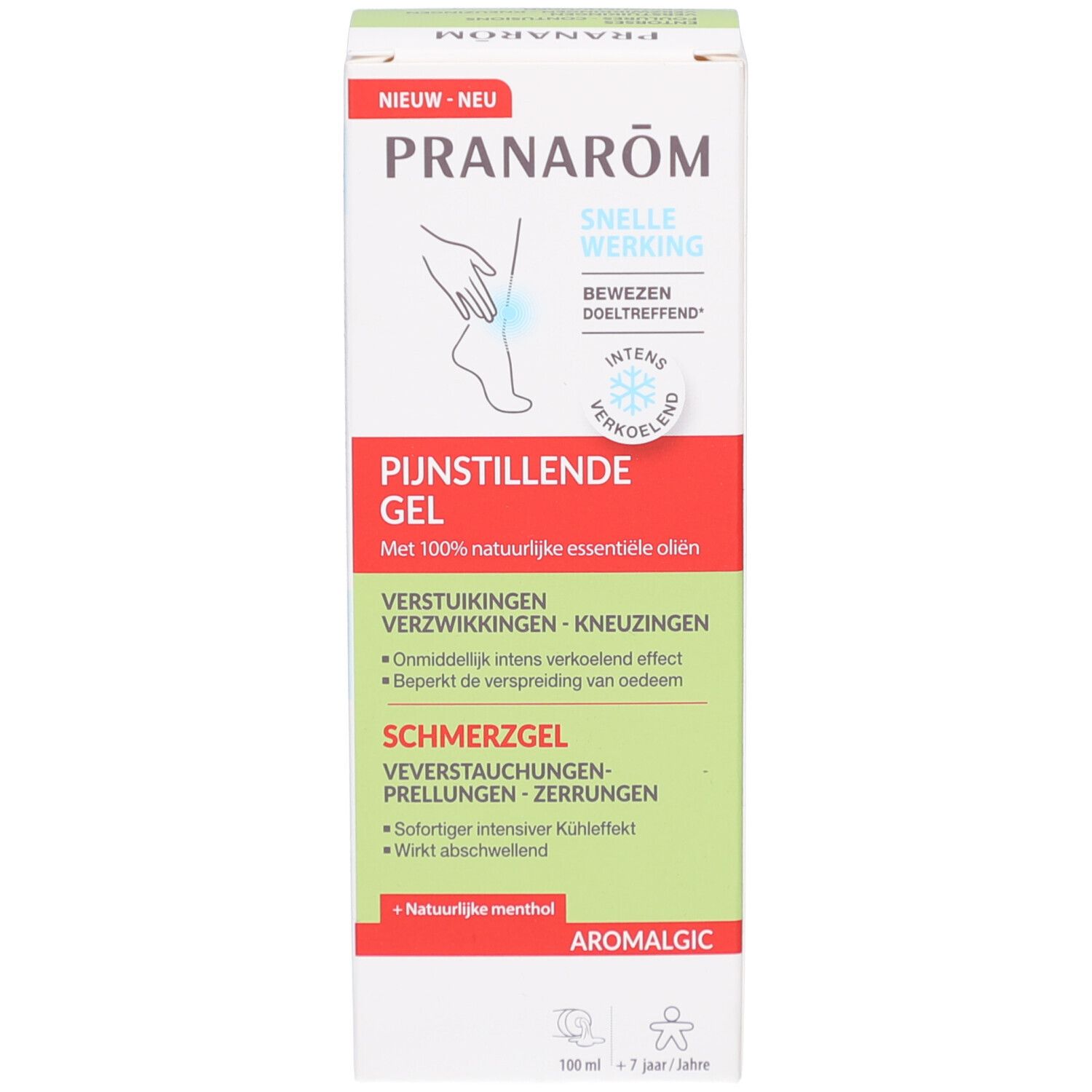 Boîte verte et blanche avec Pranarôm Aromalgic Gel Anti-douleur. Contient des informations sur les ingrédients et l'utilisation.