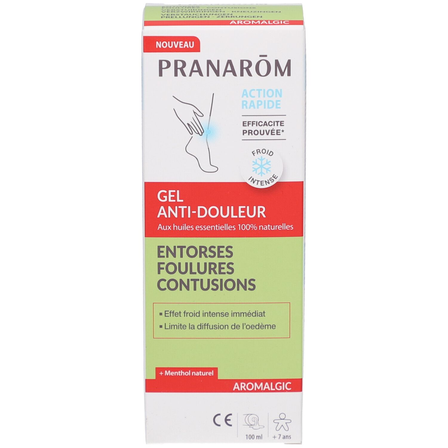 Boîte blanche avec étiquette verte et rouge. Contient Pranarôm Aromalgic Gel Anti-douleur. Marquage CE.