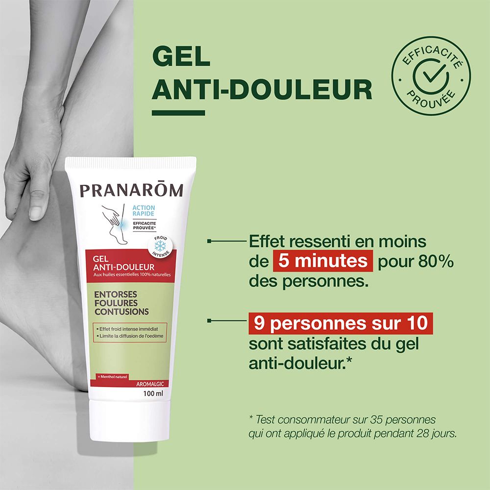 Tube de produit. Inscription: Pranarôm, Gel Anti-douleur. Texte: Effet en 5 minutes. 9 personnes sur 10 sont satisfaites.