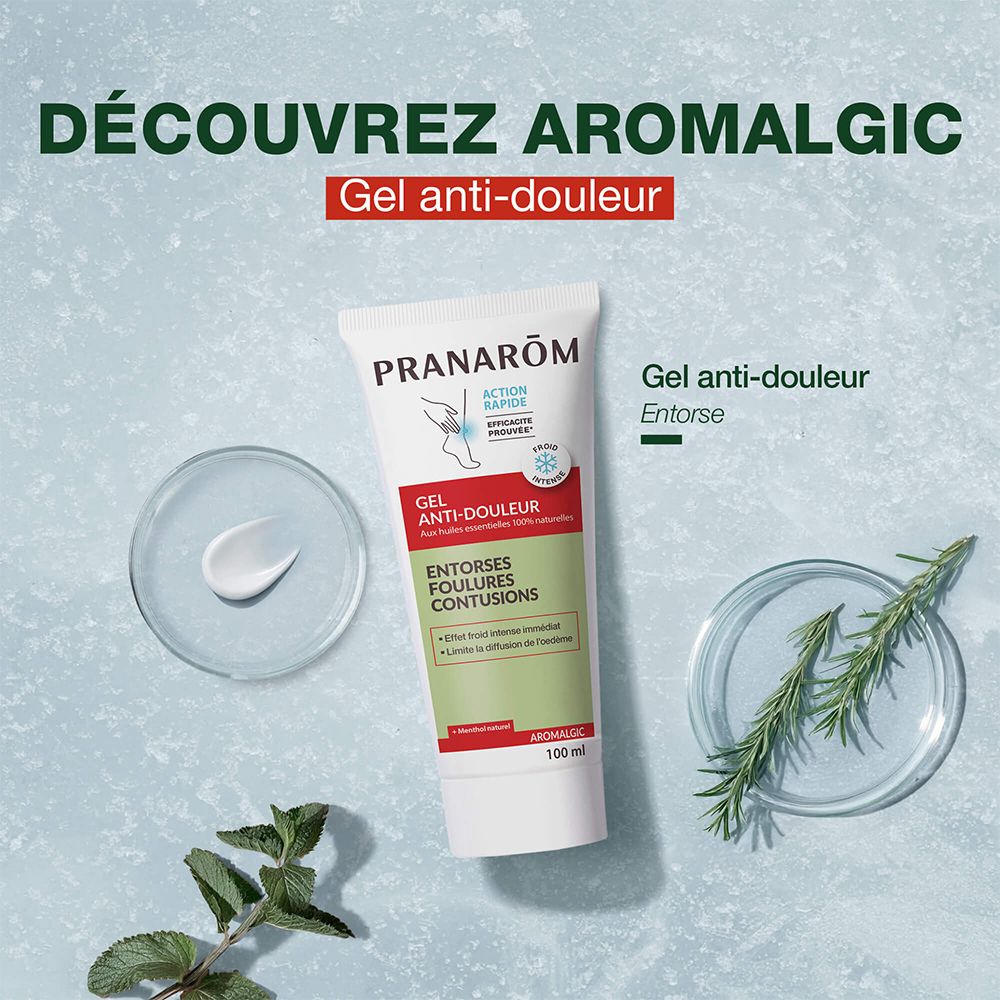 Tube de produit et herbes. Inscription: Pranarôm, Gel Anti-douleur, Entorse, Entorses, Foulures, Contusions.