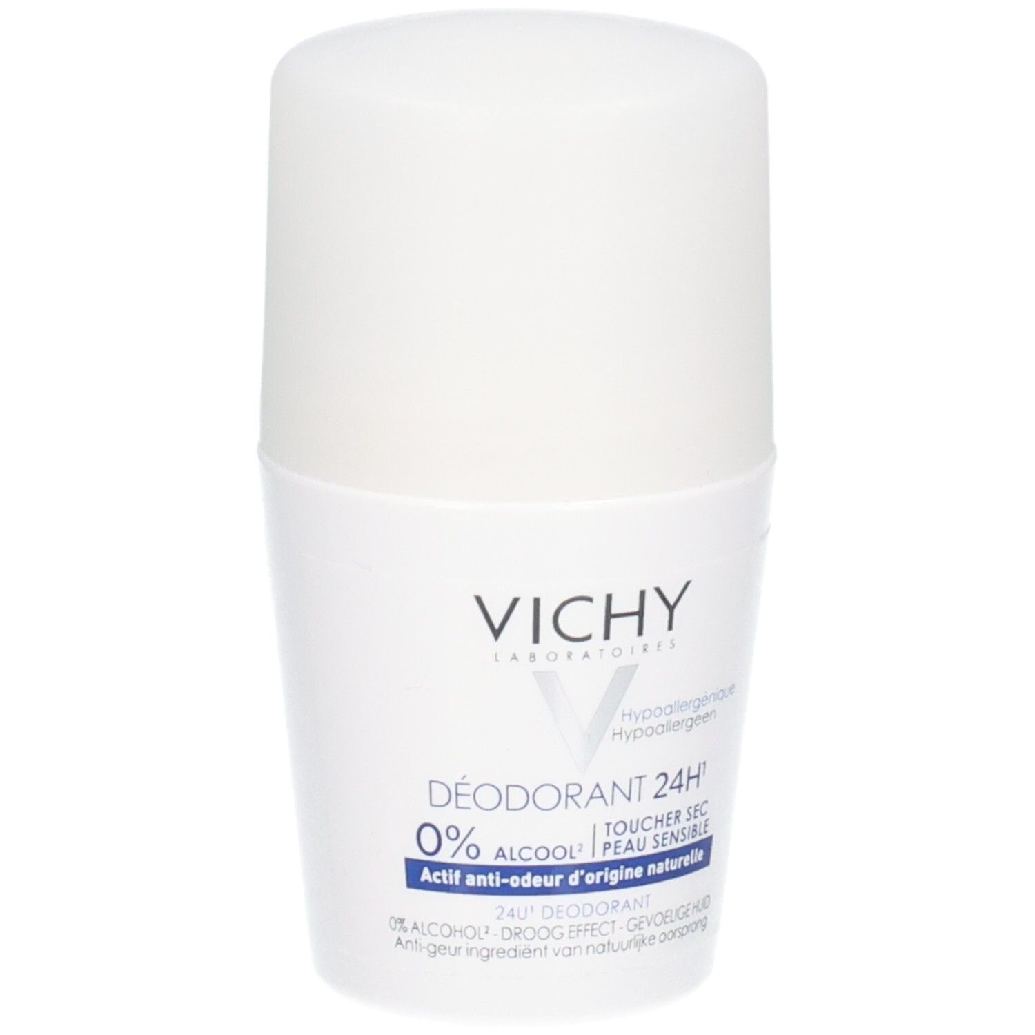 Witte roll-on deodorant van Vichy. Opschrift: 24H, 0% alcohol, gevoelige huid. Hypoallergeen.