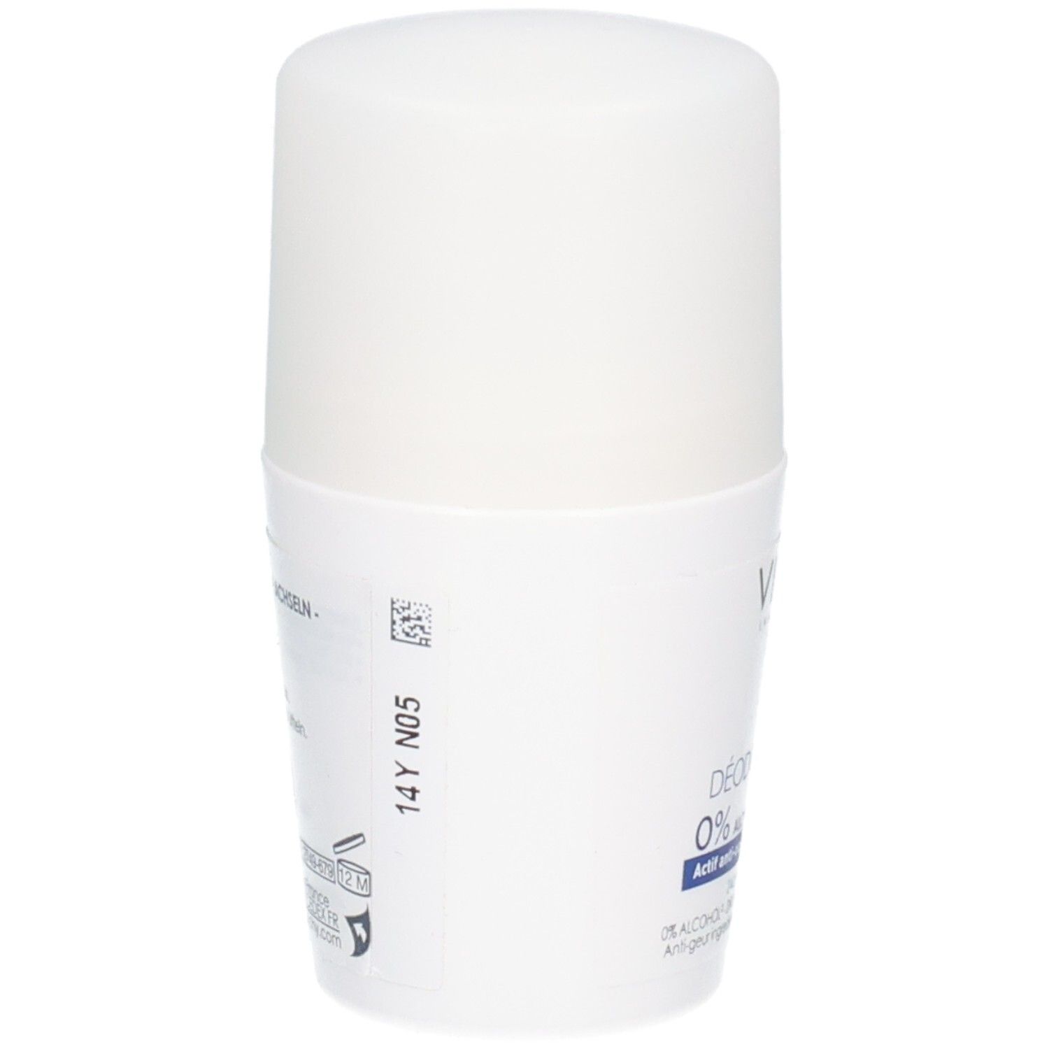 Witte roll-on deodorant van Vichy. Achterkant met tekst en barcode. Opschrift: 0% alcohol.