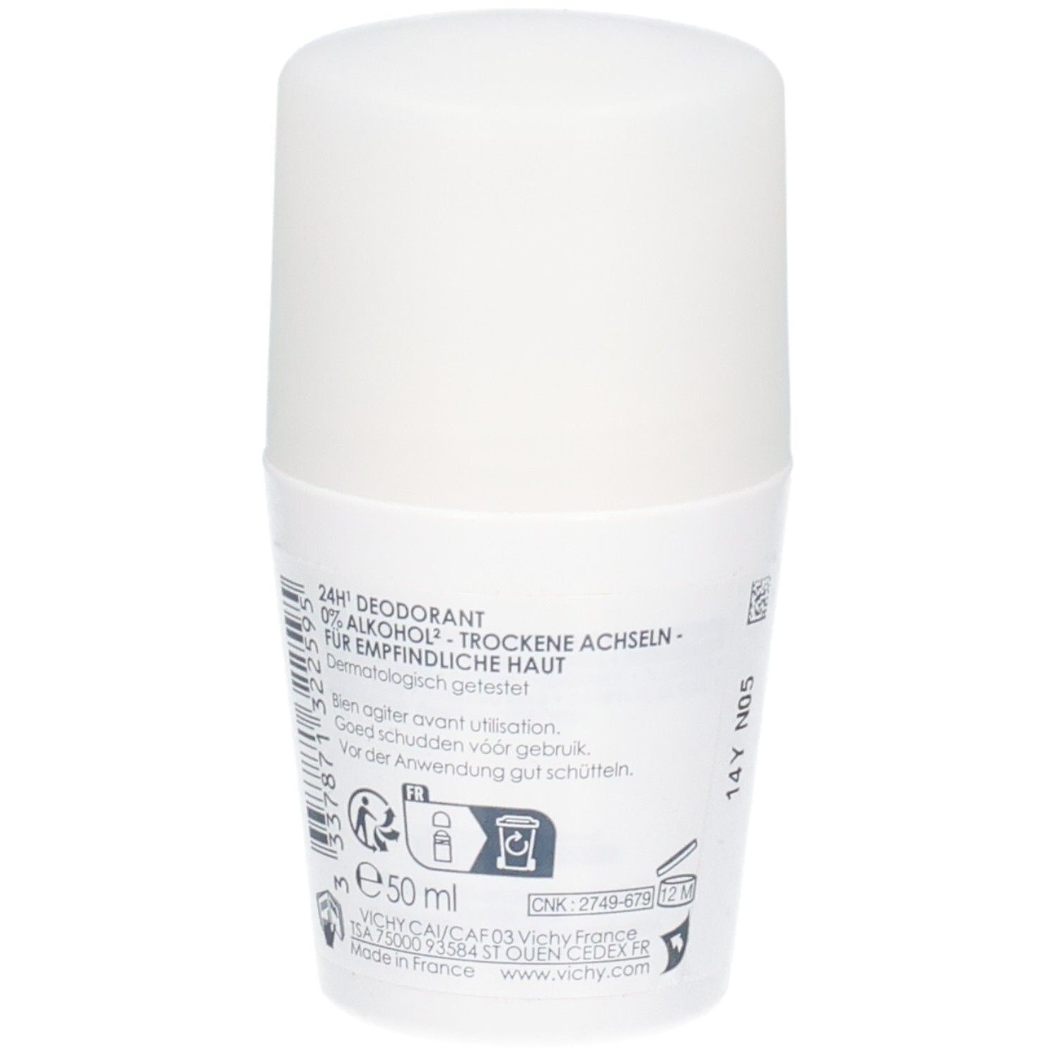 Witte roll-on deodorant van Vichy. Achterkant met tekst, pictogrammen en volume: 50 ml.