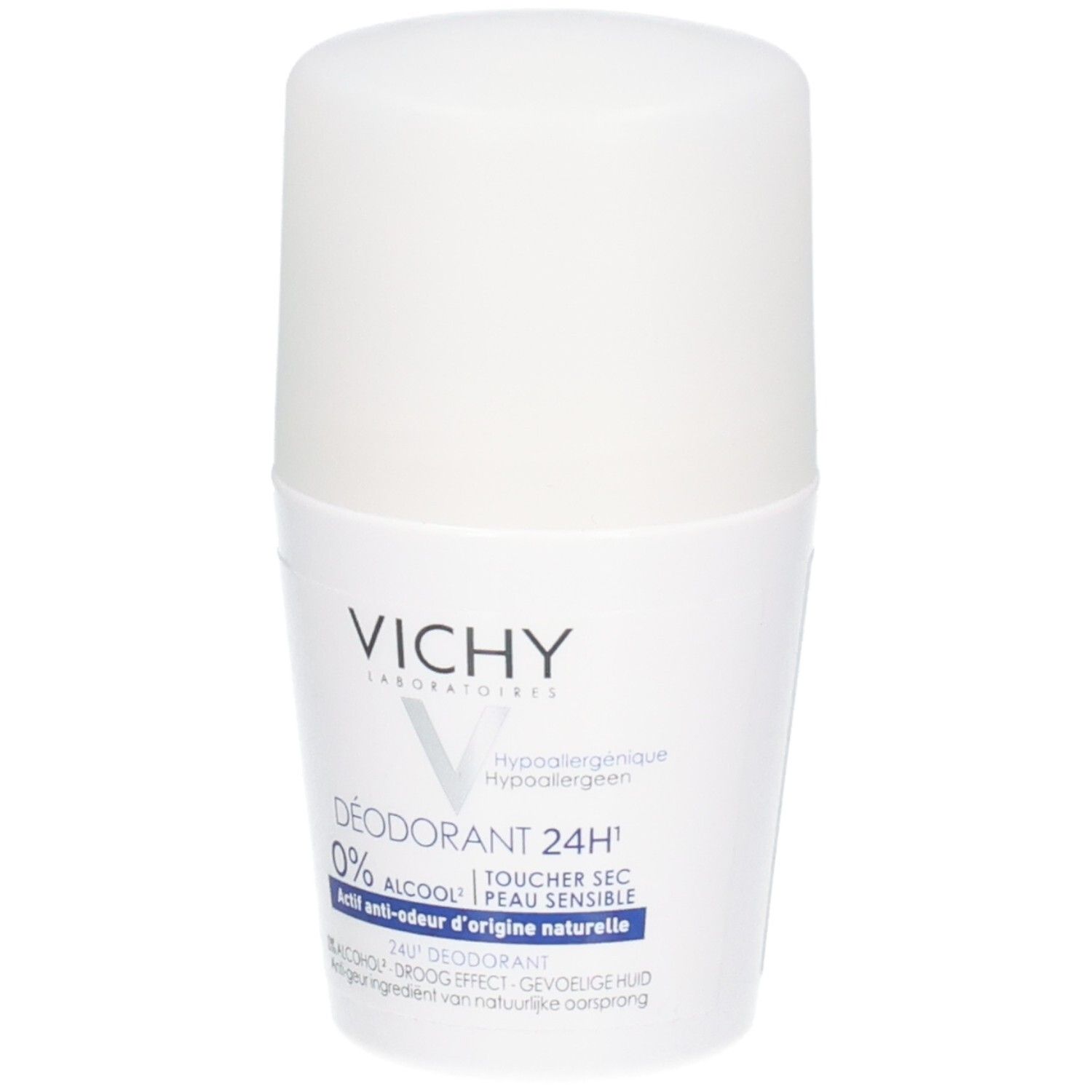 Witte roll-on deodorant van Vichy. Opschrift: 24H, 0% alcohol, gevoelige huid. Hypoallergeen.