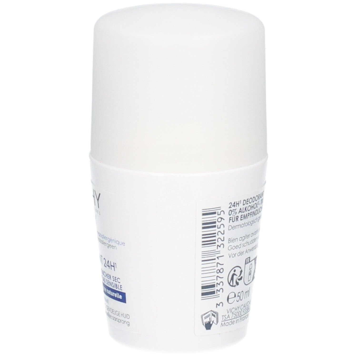 Witte roll-on deodorant van Vichy. Achterkant met tekst, barcode en volume: 50 ml.