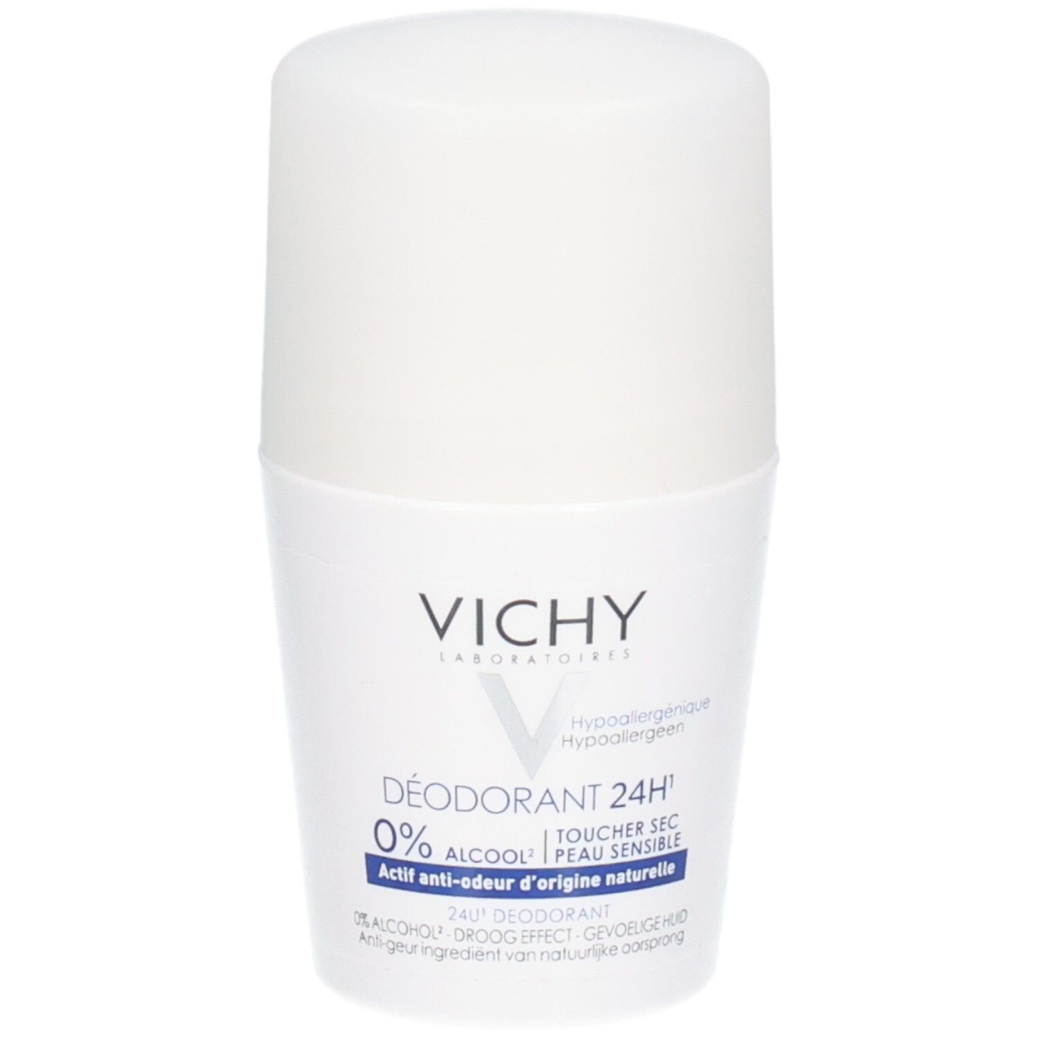 Witte roll-on deodorant van Vichy. Opschrift: 24H, 0% alcohol, gevoelige huid. Hypoallergeen.
