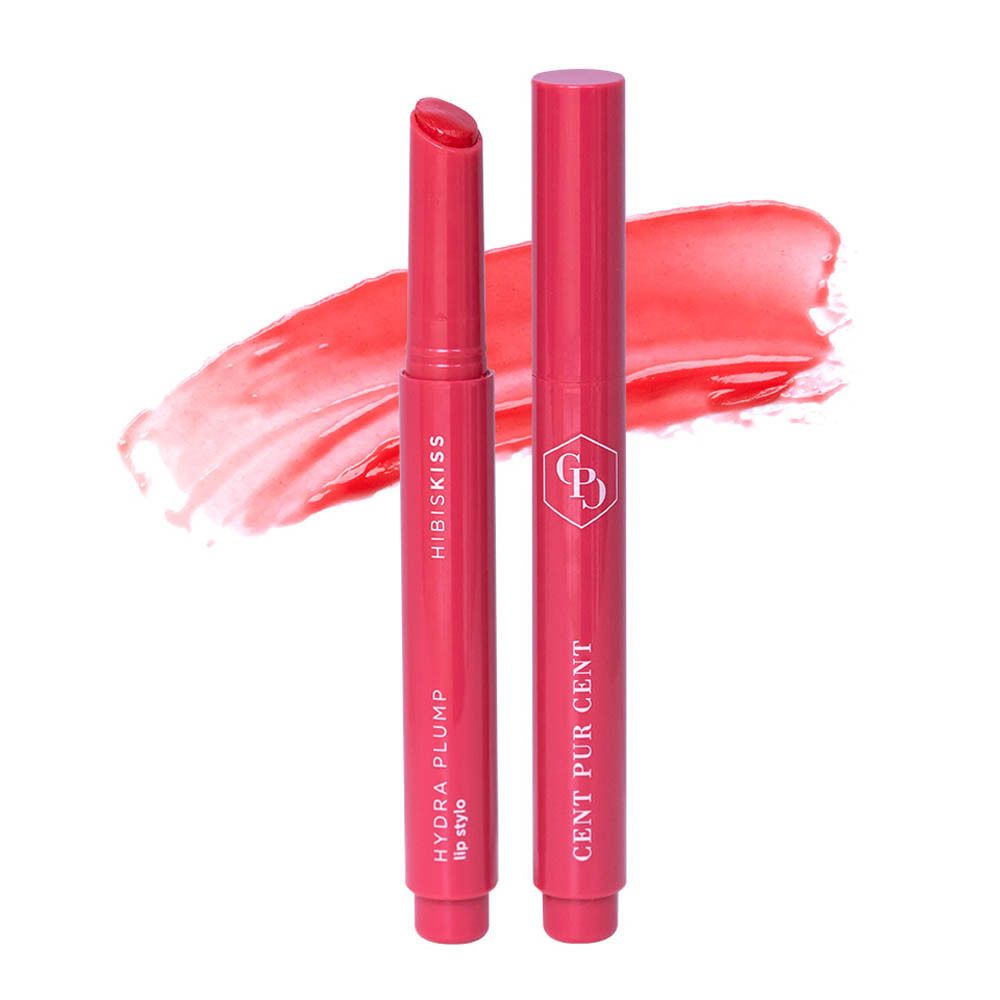 Twee lippenstiften. Eén geopend, één gesloten. Opschrift: CENT PUR CENT, HYDRA PLUMP lip stylo, HIBISKISS. Roze.