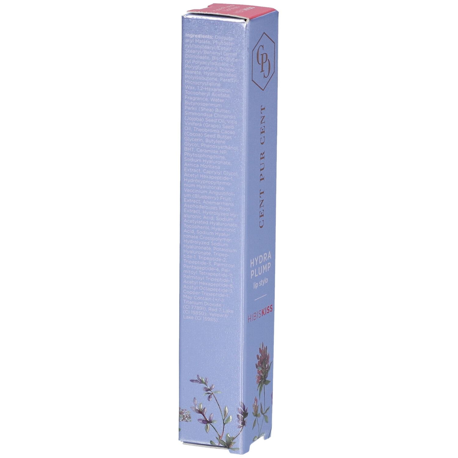 Dos de la boîte avec texte. Fond bleu clair, imprimé floral.