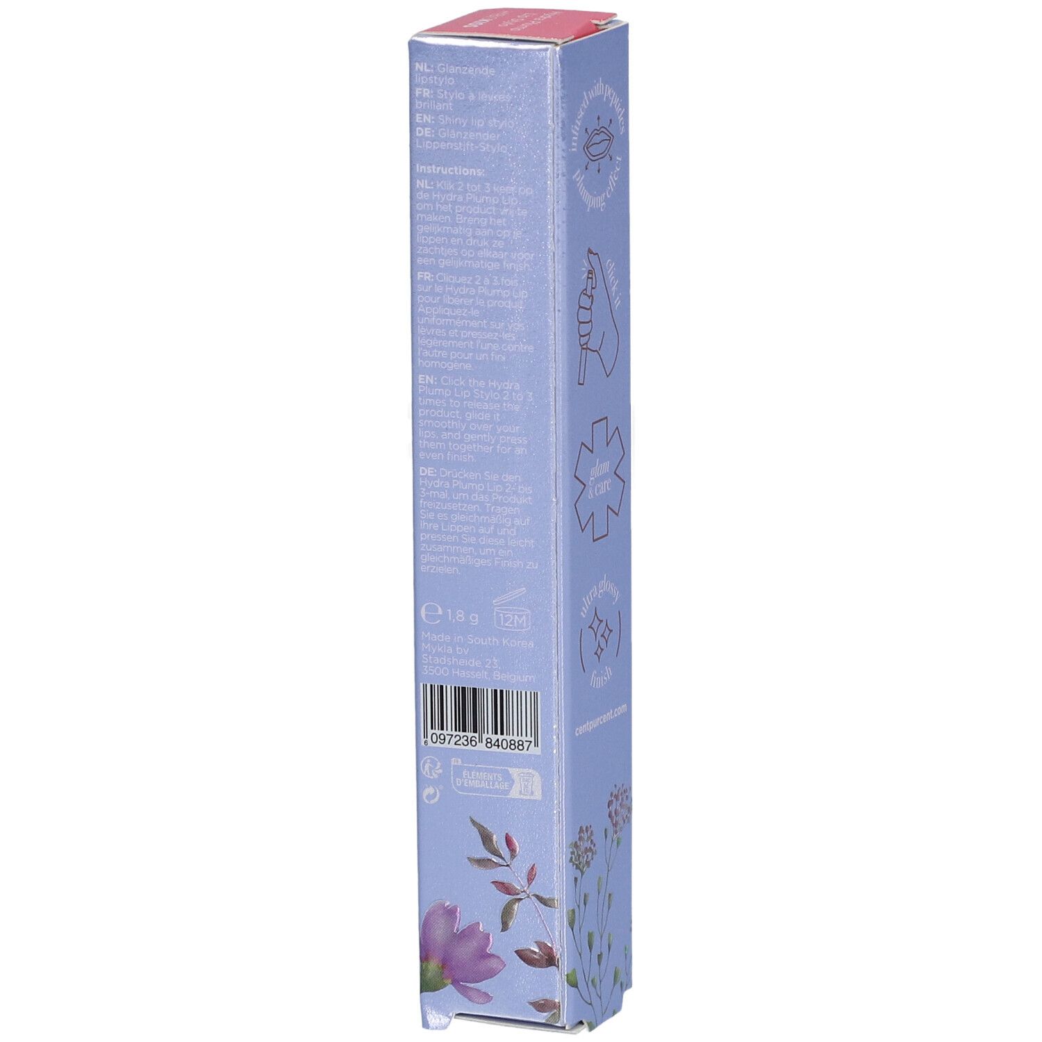 Côté de la boîte avec texte et code-barres. Fond bleu clair, imprimé floral.