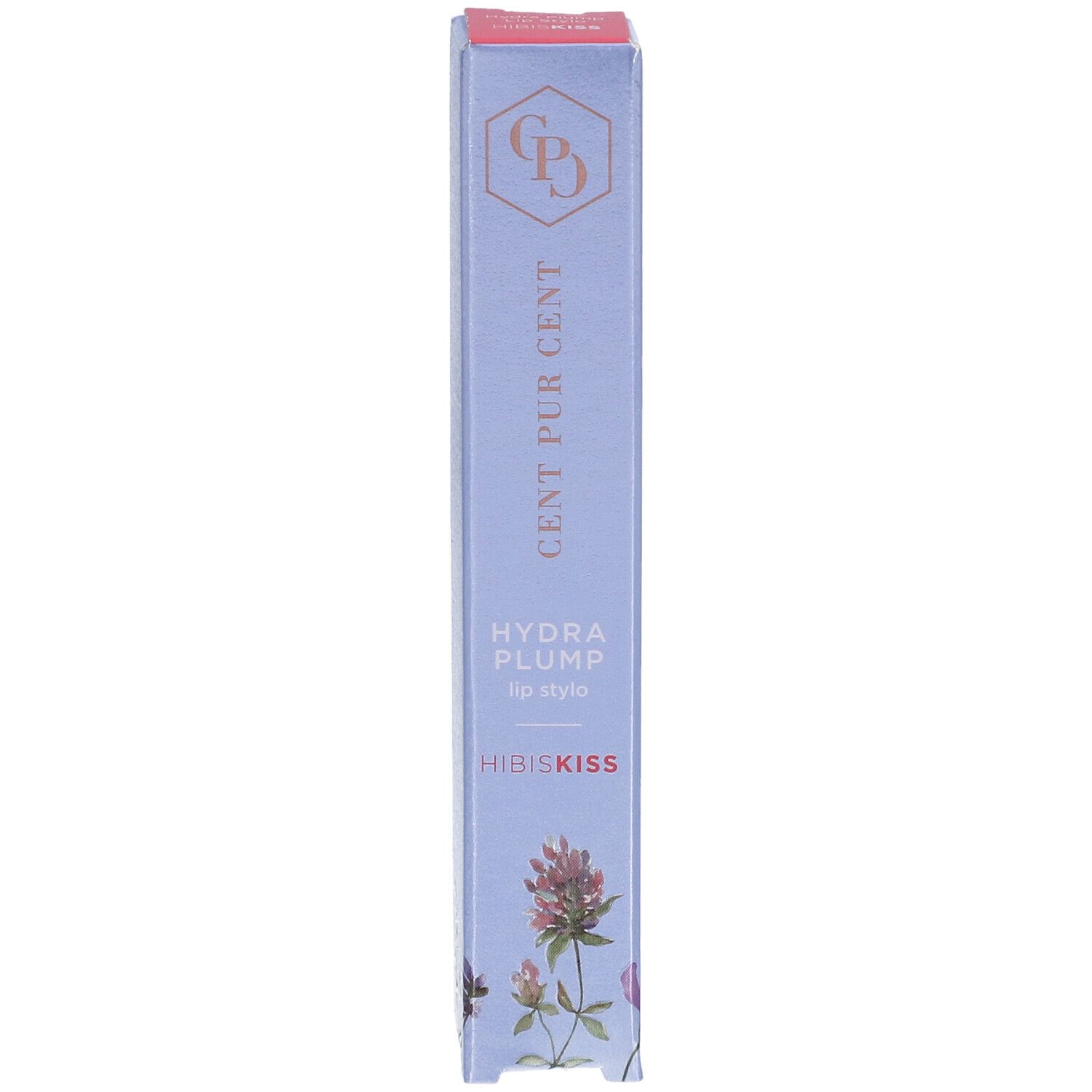 Boîte Cent Pur Cent Hydra Plump Stulo Hibiskiss. Fond bleu clair, nom du produit et logo.