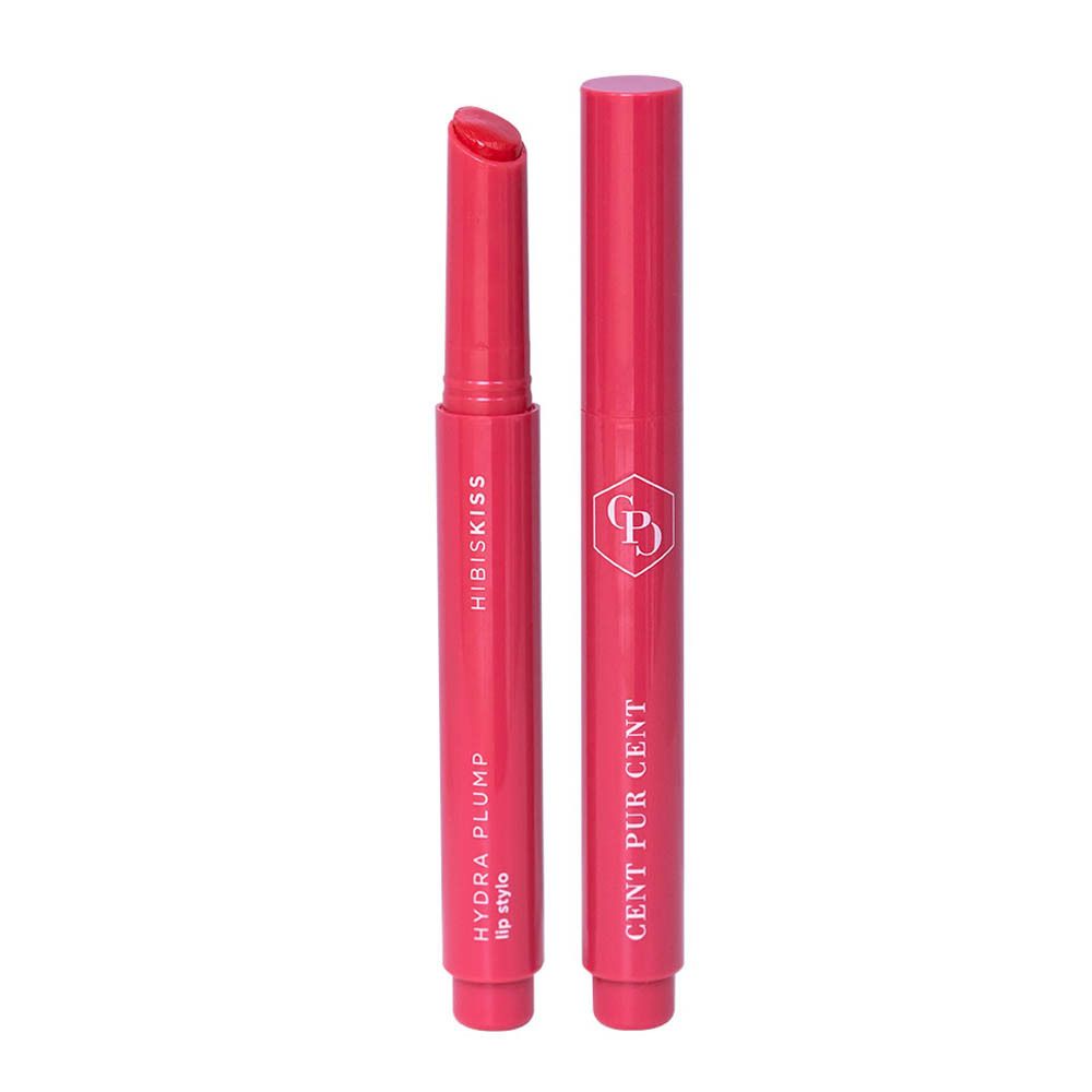 Deux rouges à lèvres. Un ouvert, un fermé. Inscription : CENT PUR CENT, HYDRA PLUMP lip stylo, HIBISKISS. Rose.