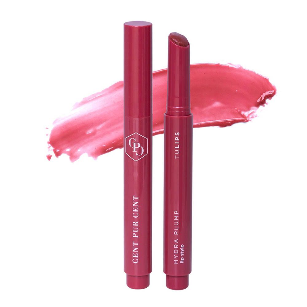 Deux rouges à lèvres. Un ouvert. Inscription: CENT PUR CENT, HYDRA PLUMP lip stylo, TULIPS. Couleur rose.