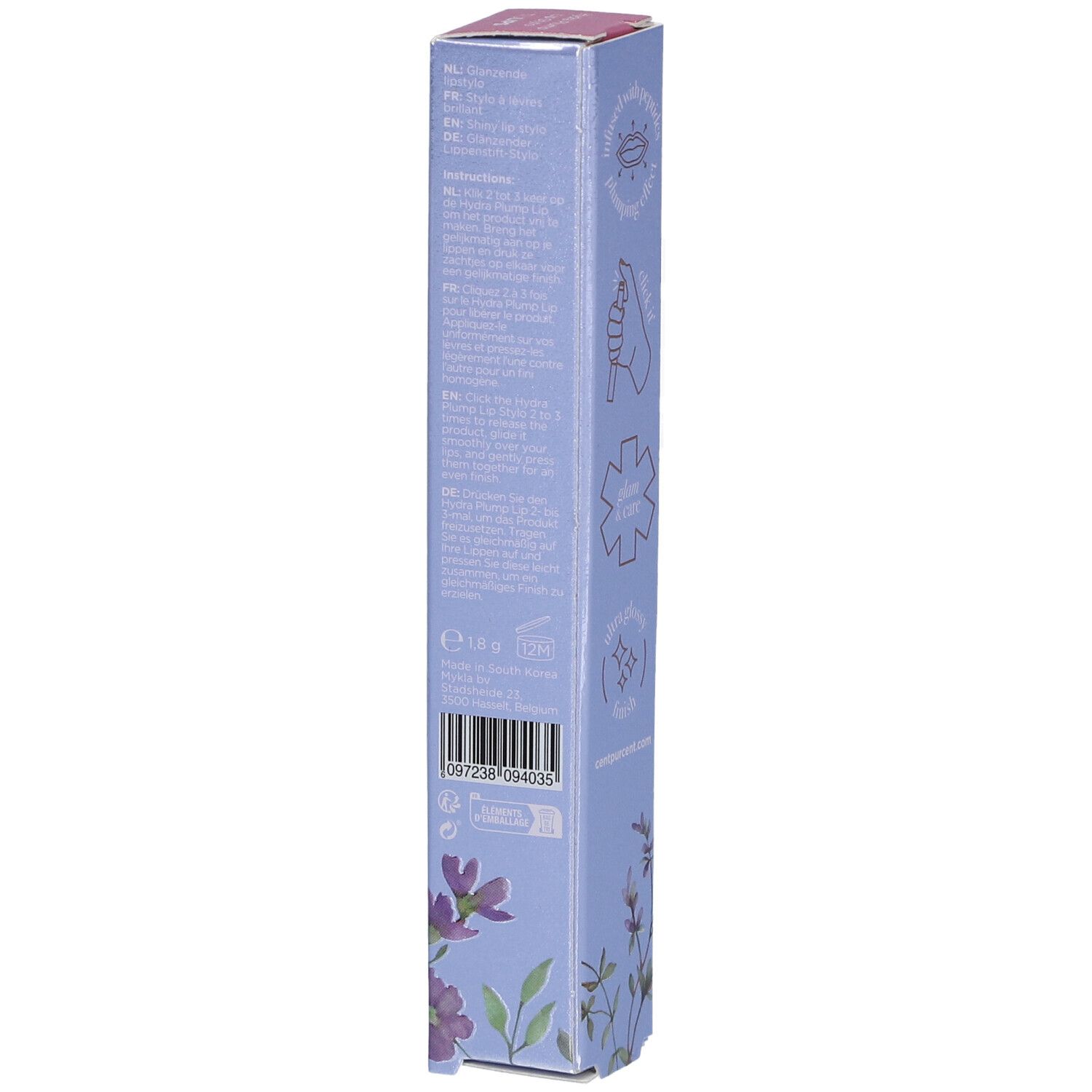 Smalle, langwerpige verpakking. Tekst en barcode op de zijkant. Bloemenpatroon onderaan.