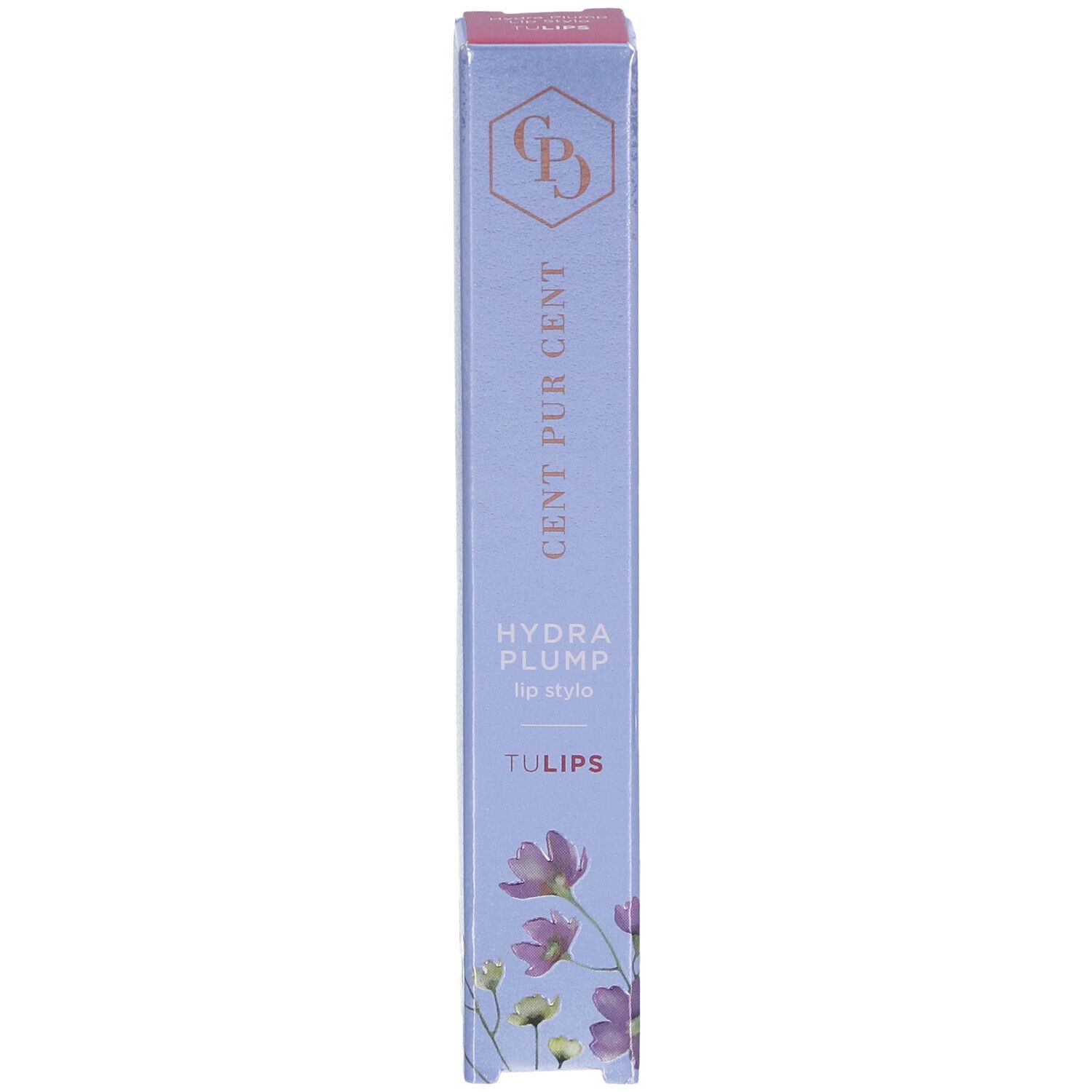 Smalle, langwerpige verpakking. Opschrift: CENT PUR CENT, HYDRA PLUMP lip stylo, TULIPS. Bloemenpatroon.