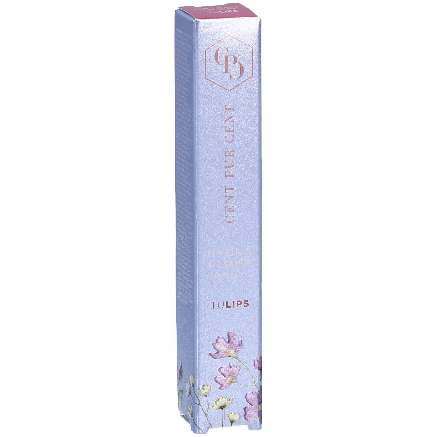 Smalle, langwerpige verpakking. Opschrift: CENT PUR CENT, HYDRA PLUMP lip stylo, TULIPS. Bloemenpatroon.