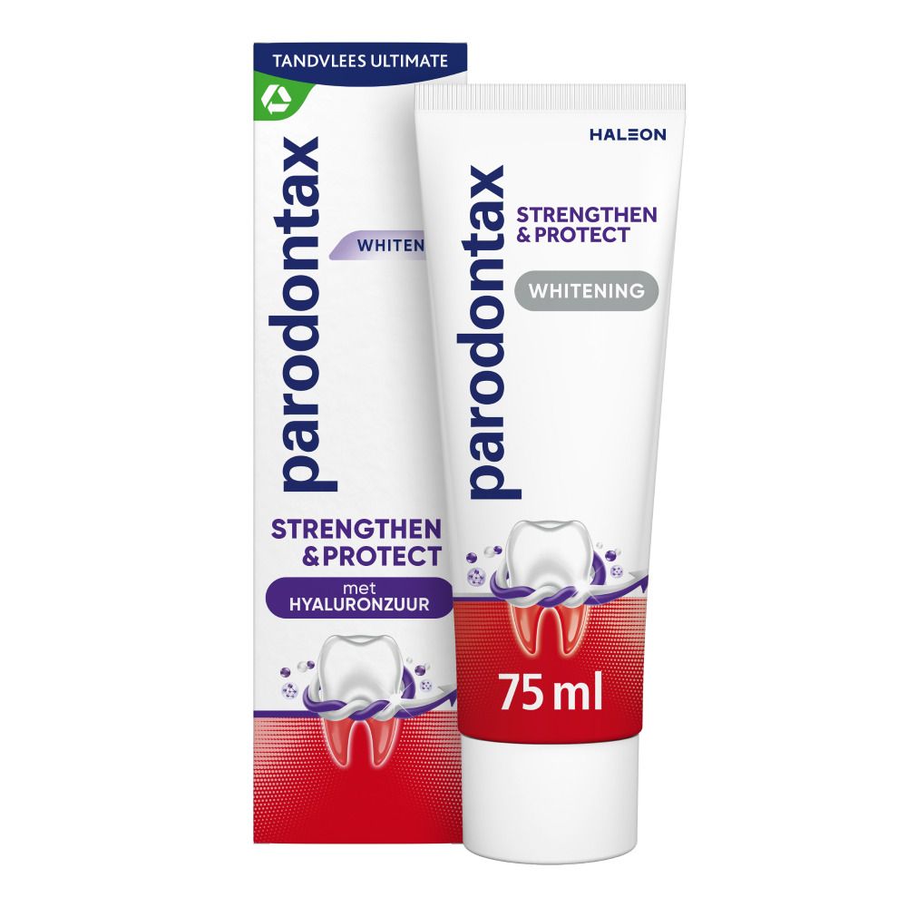 Tandpasta tube en doos. Parodontax, Strengthen & Protect, Whitening. Witte tube, 75 ml.