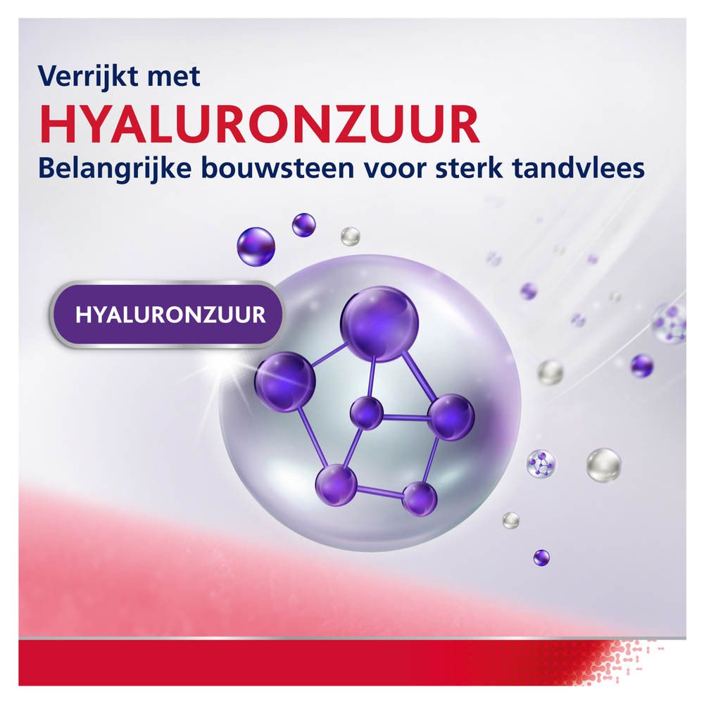 Detail: hyaluronzuur. Parodontax, Strengthen & Protect. Paarse moleculen.