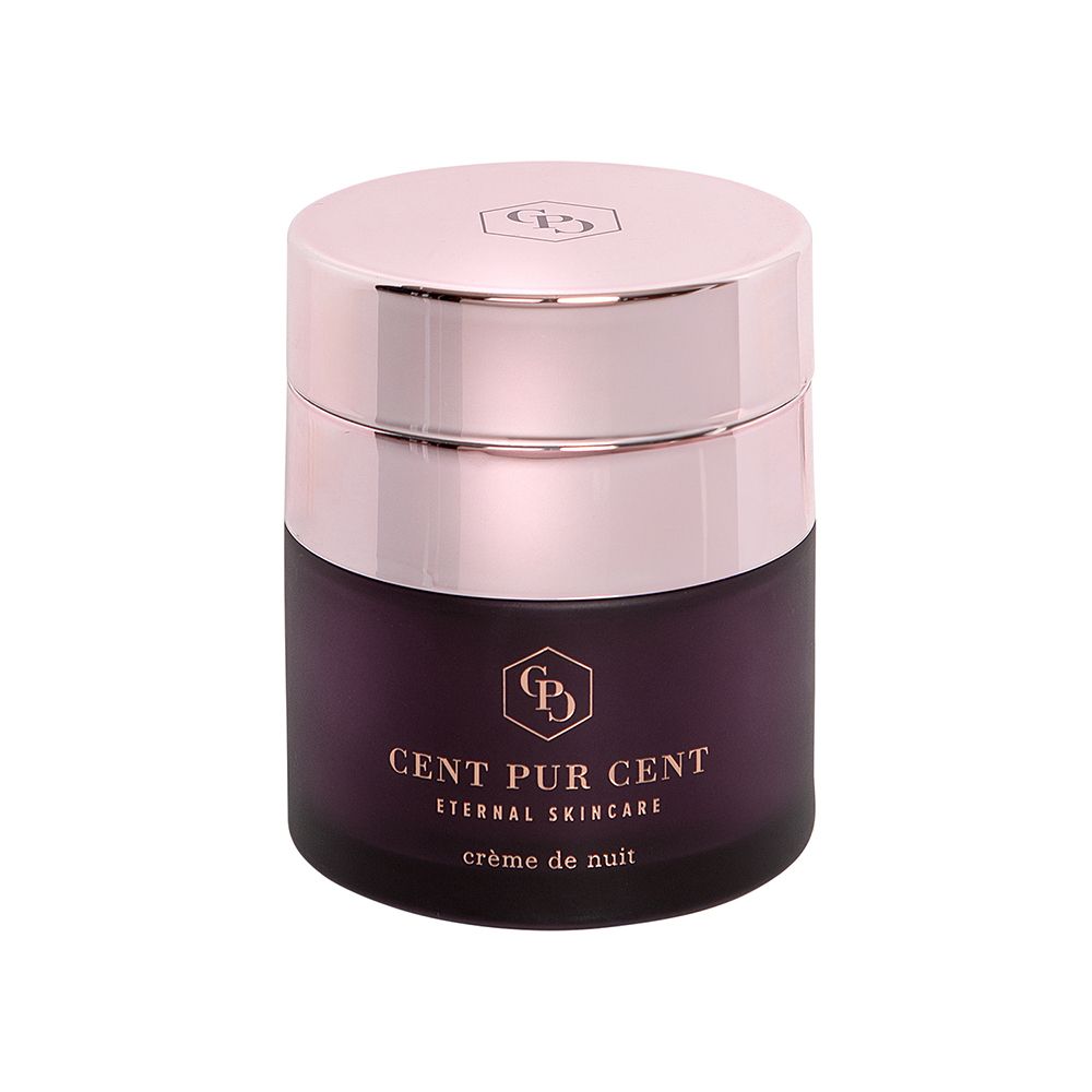 Donkerpaarse crèmetiegel met zilveren deksel. Opschrift: CENT PUR CENT, Eternal Skincare, crème de nuit.