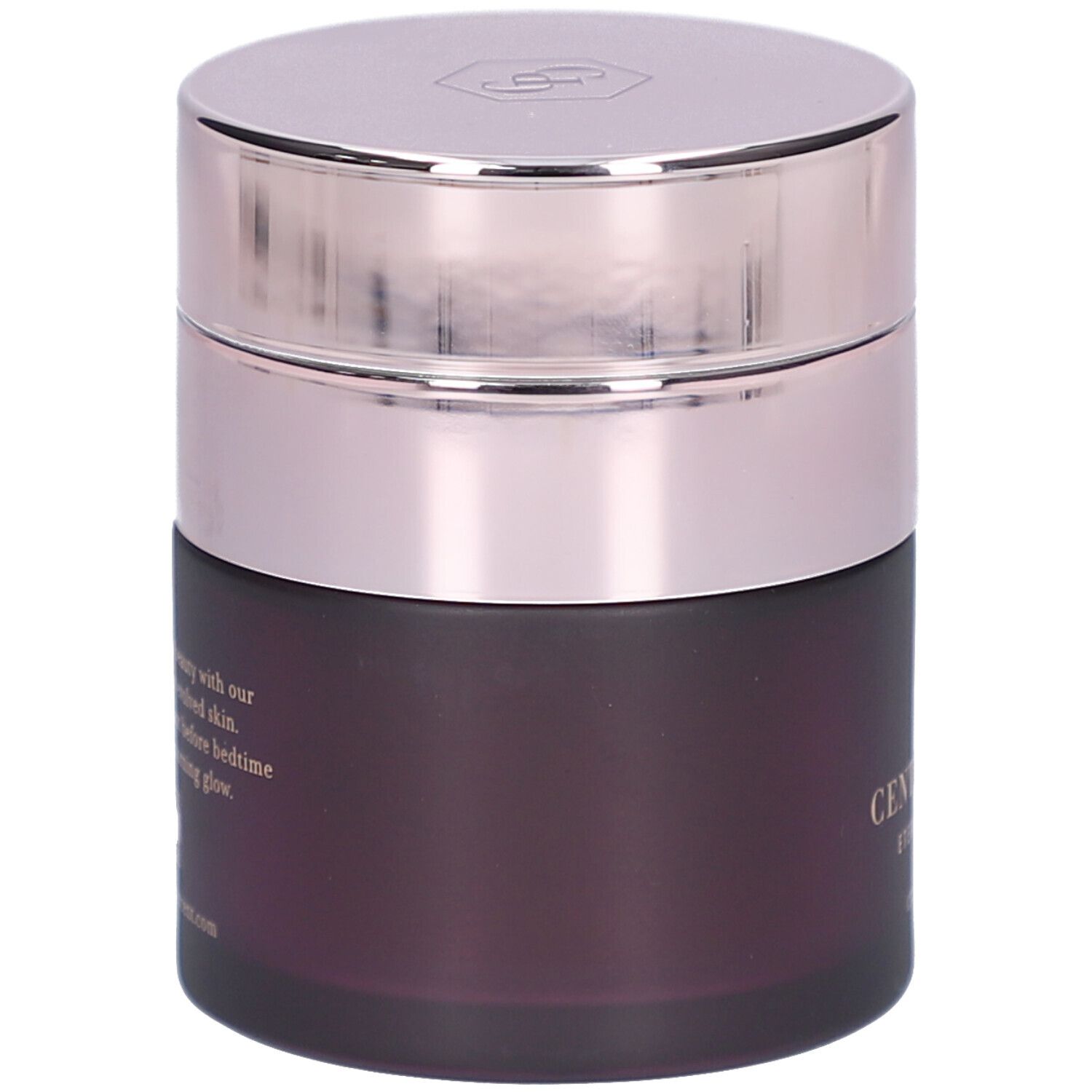 Ronde pot, zilveren deksel. Opschrift: CENT PUR CENT, Eternal Skincare, crème de nuit. Logo.