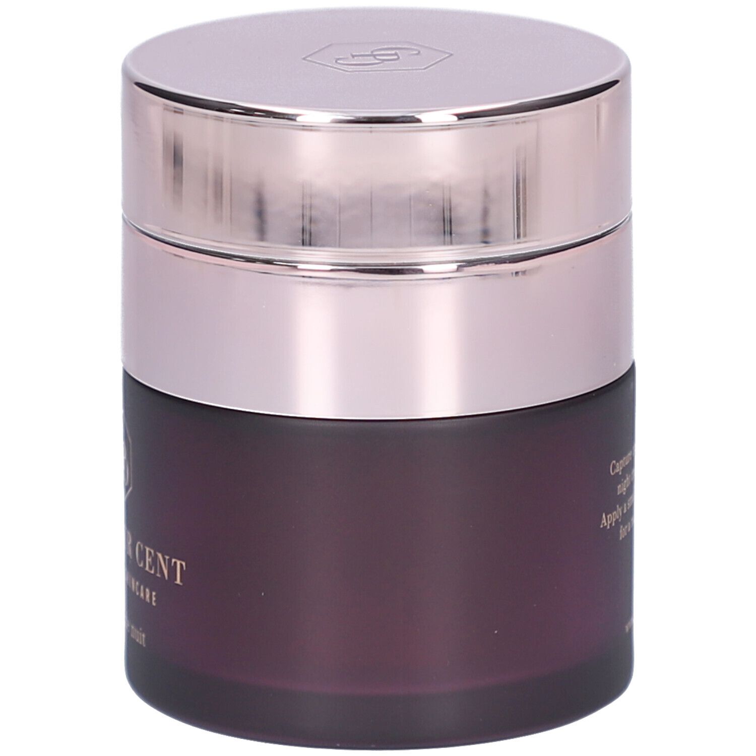 Ronde pot met zilveren deksel. Opschrift: CENT PUR CENT, Eternal Skincare, crème de nuit. Logo.