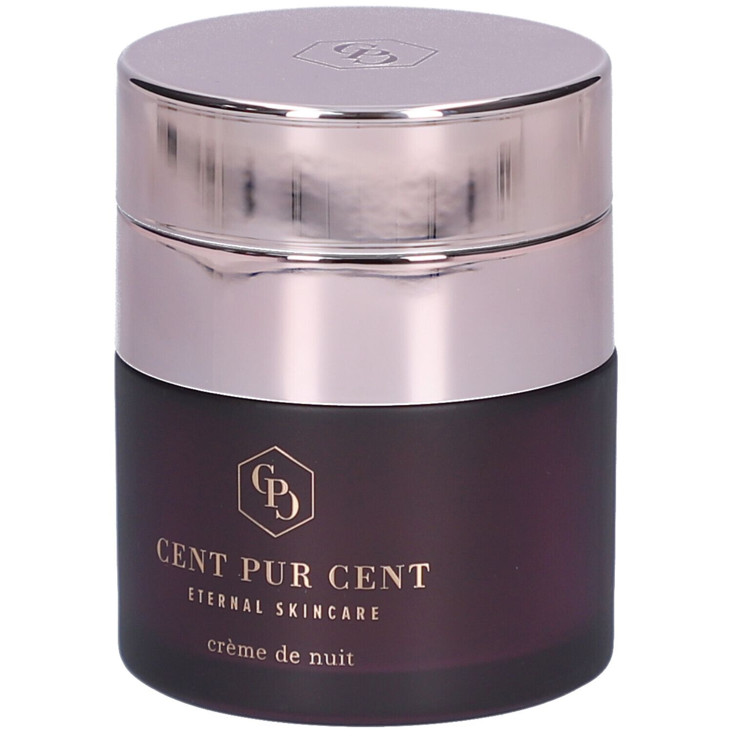 Ronde pot met zilveren deksel. Opschrift: CENT PUR CENT, Eternal Skincare, crème de nuit. Logo.
