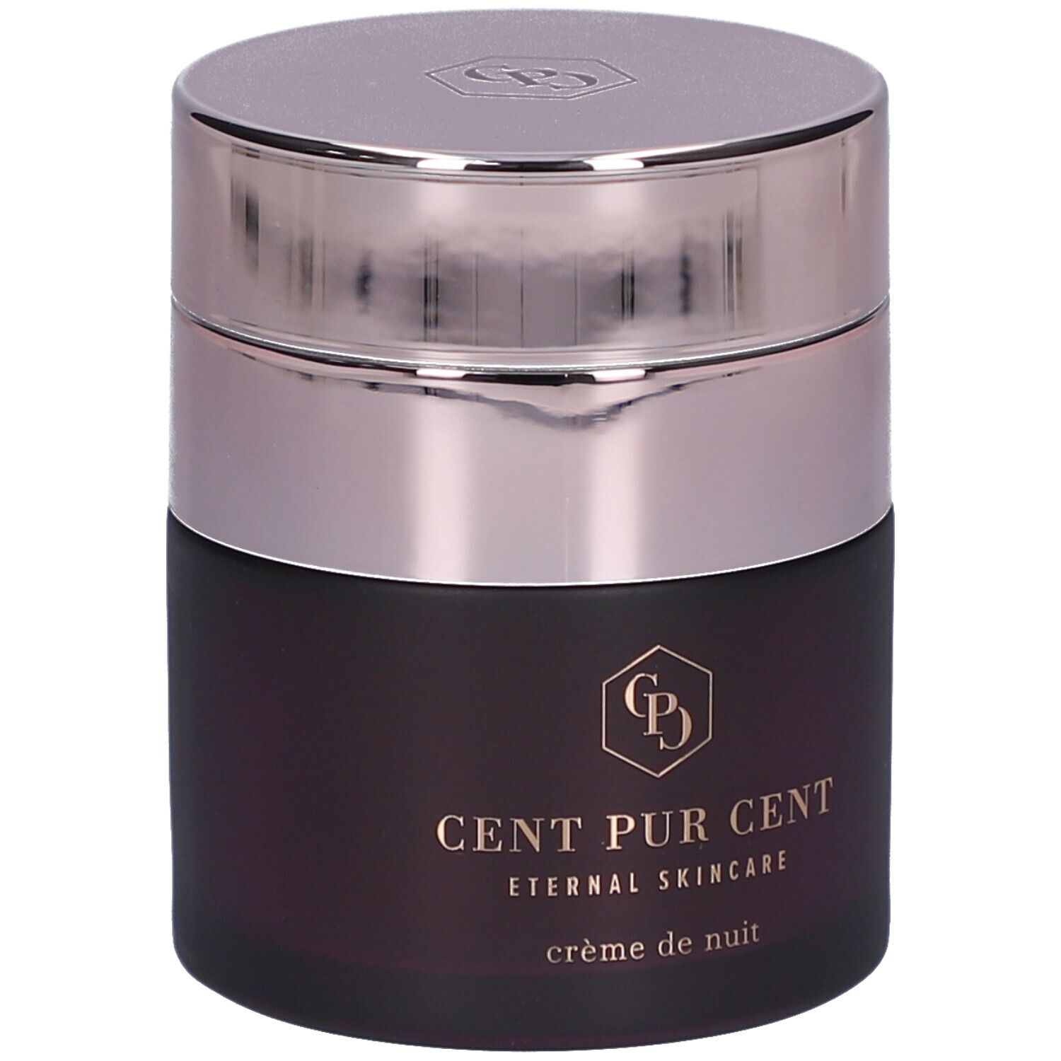 Ronde pot met zilveren deksel. Opschrift: CENT PUR CENT, Eternal Skincare, crème de nuit. Logo.
