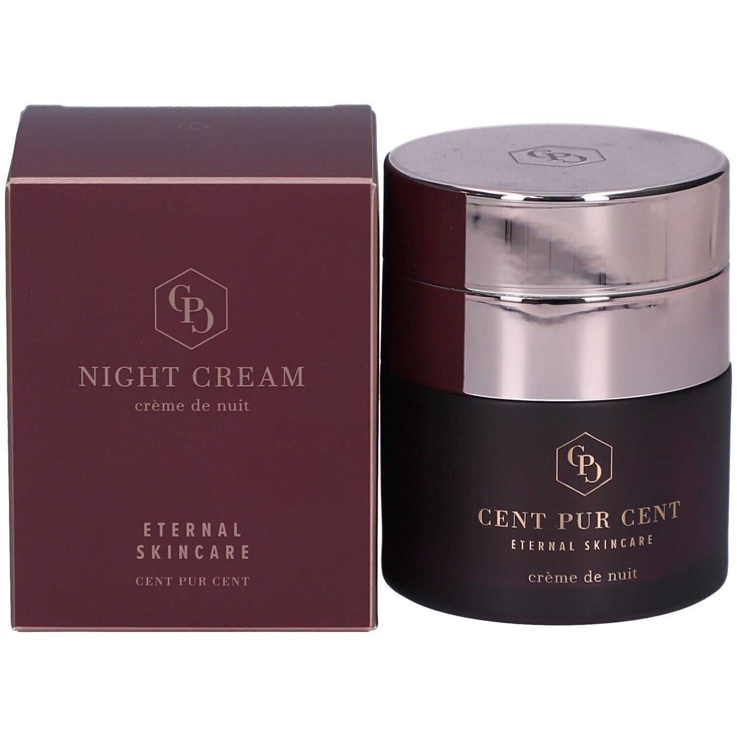 Product en verpakking. Pot met zilveren deksel en opschrift. Rechthoekige doos met logo en tekst.