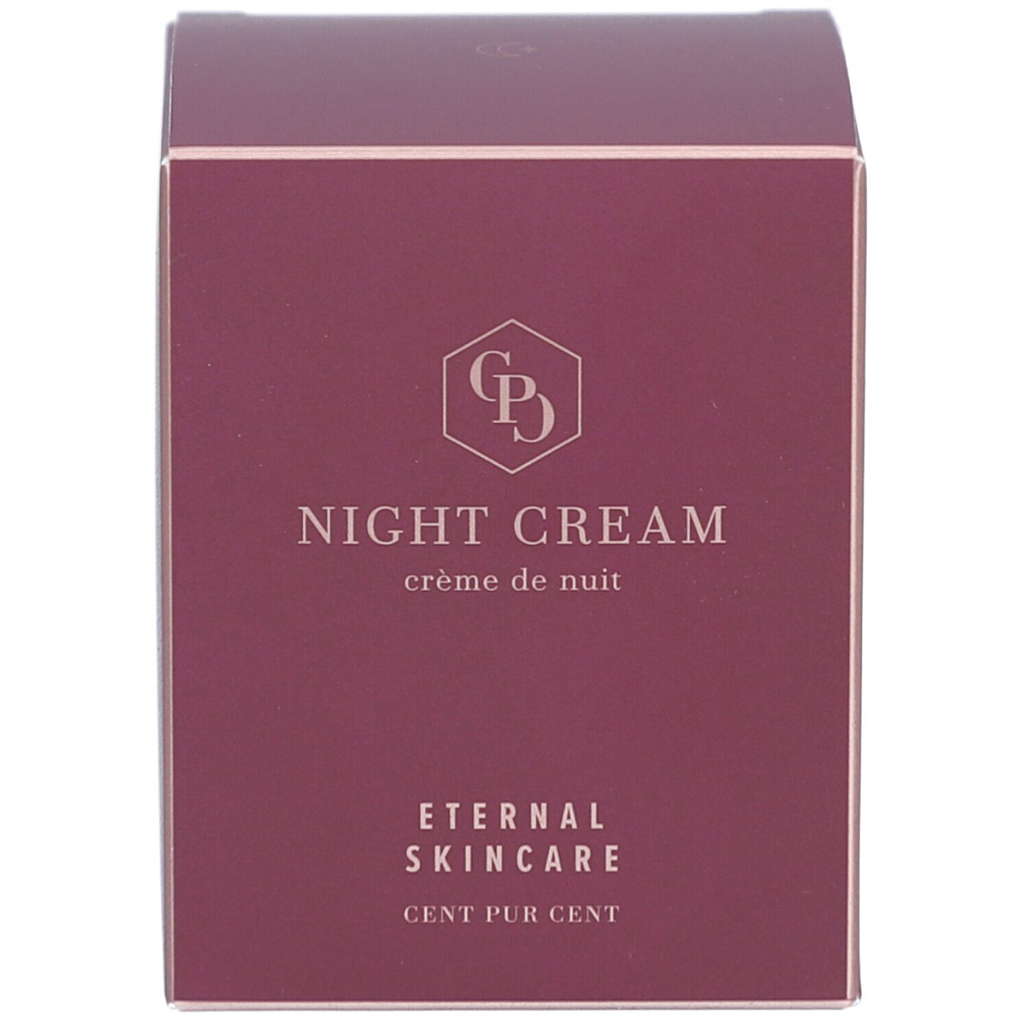 Rechthoekige doos. Opschrift: NIGHT CREAM, crème de nuit. Logo en tekst: Eternal Skincare, CENT PUR CENT.