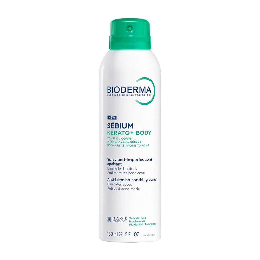 Witte spray met groene dop. Opschrift: Bioderma, Sébium Kerato+ Body. Anti-onzuiverheden, verzachtend.