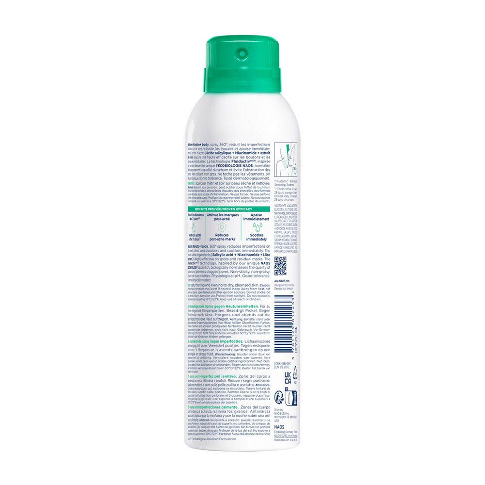 Achterkant van de spray. Paragrafen in meerdere talen. Informatie over gebruik en ingrediënten.