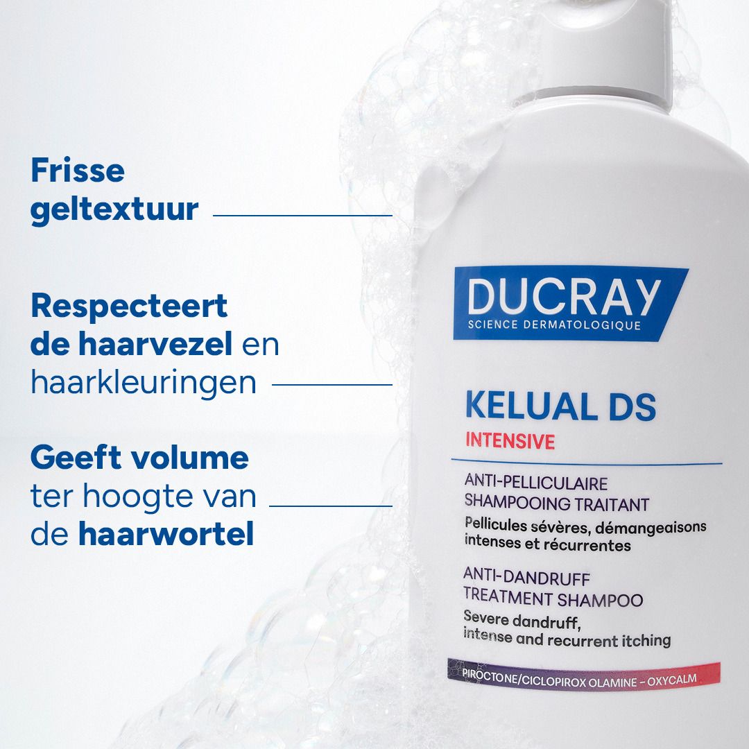 Shampoo fles met tekst. Textuur, respecteert de haarvezel, geeft volume. DUCRAY, KELUAL DS.