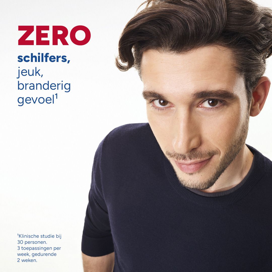 Portret van een man. Tekst: ZERO schilfers, jeuk, branderig gevoel. Studie-informatie.