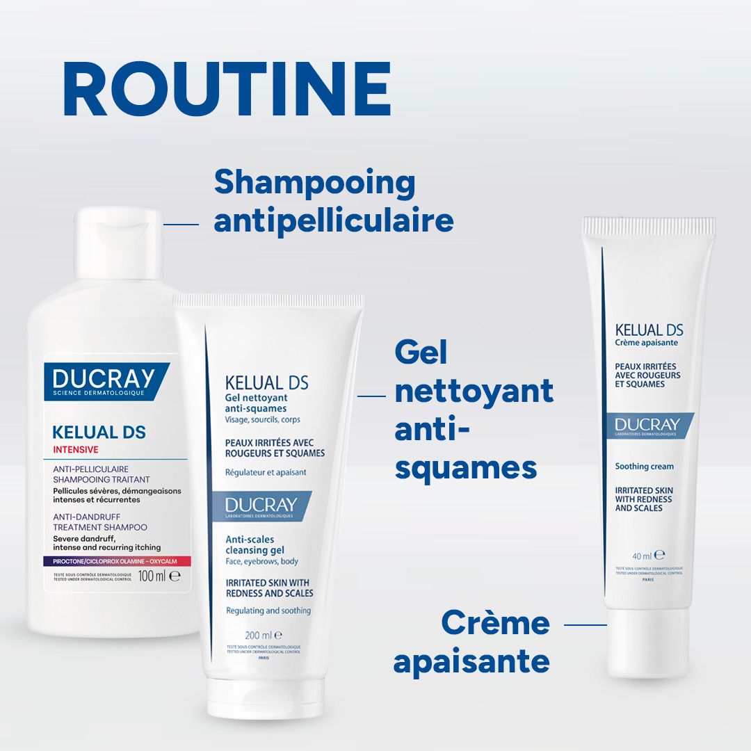 Ensemble de produits. Shampooing, gel nettoyant, crème apaisante. DUCRAY, KELUAL DS.