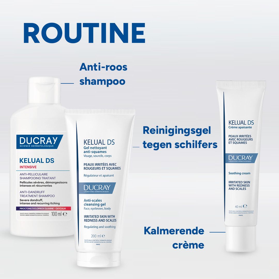 Product set. Shampoo, reinigingsgel, kalmerende crème. DUCRAY, KELUAL DS.