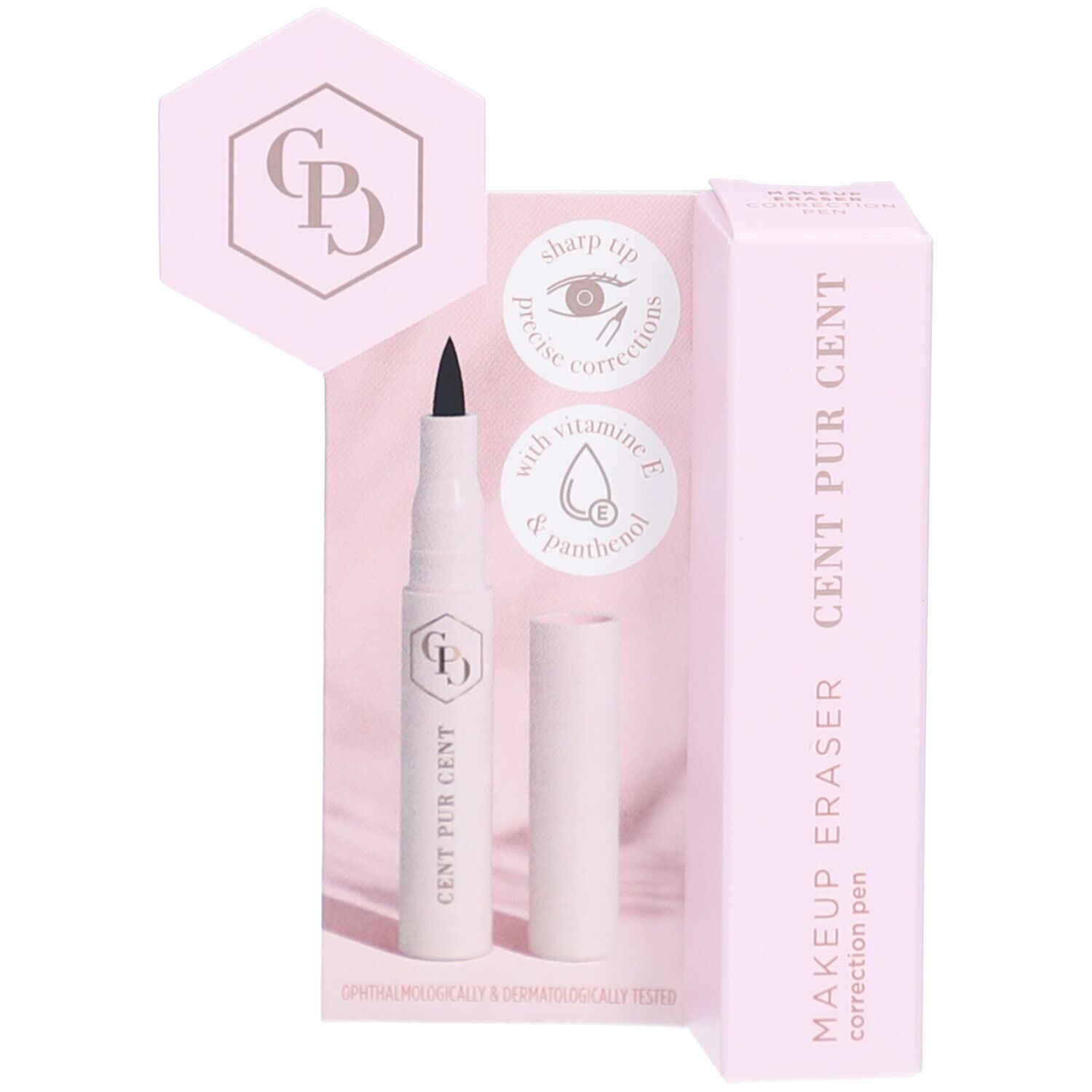 Make-up-correctorpen, wit met zwarte punt, roze verpakking. Tekst: CENT PUR CENT, MAKEUP ERASER.