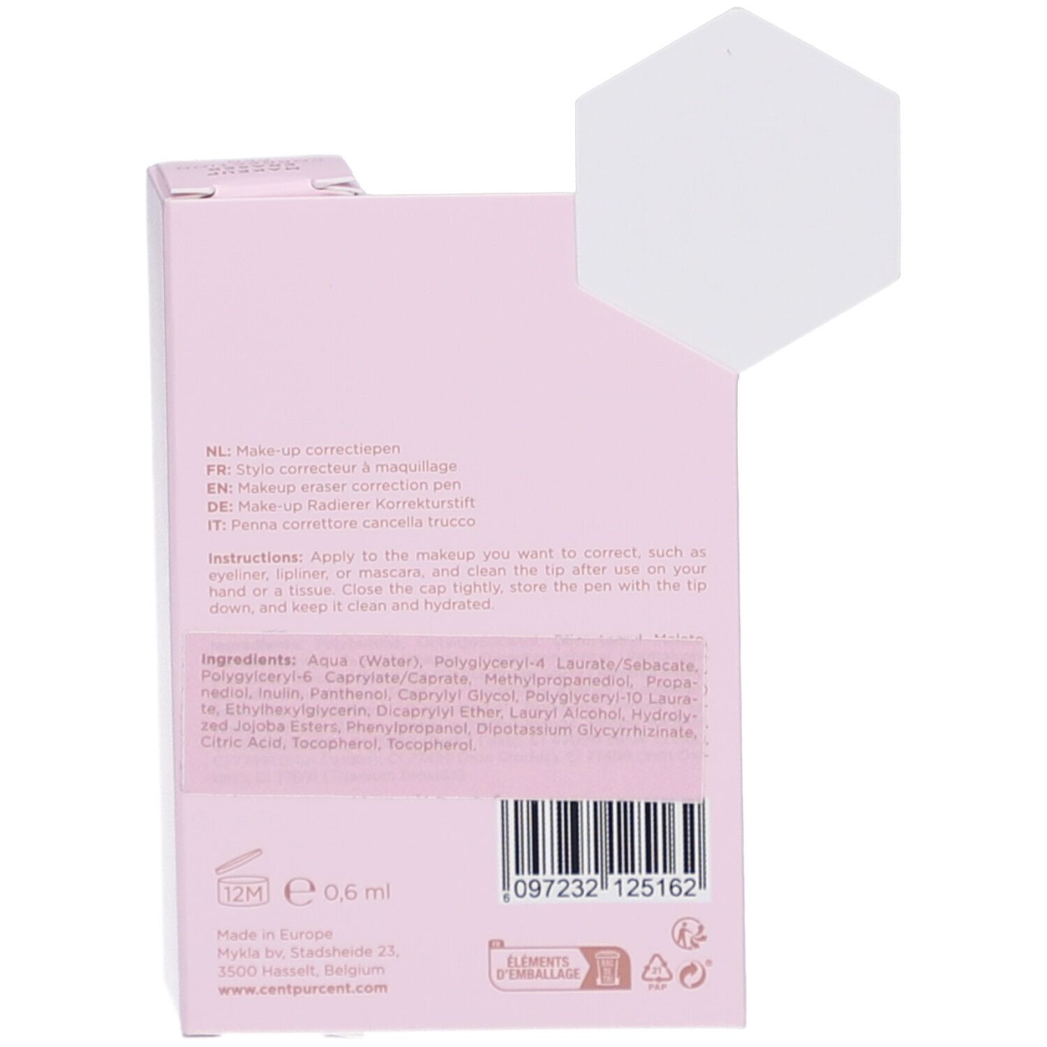 Roze verpakking met tekst en ingrediënten. Tekst: CENT PUR CENT, 0,6 ml, 12M. Made in Europe.
