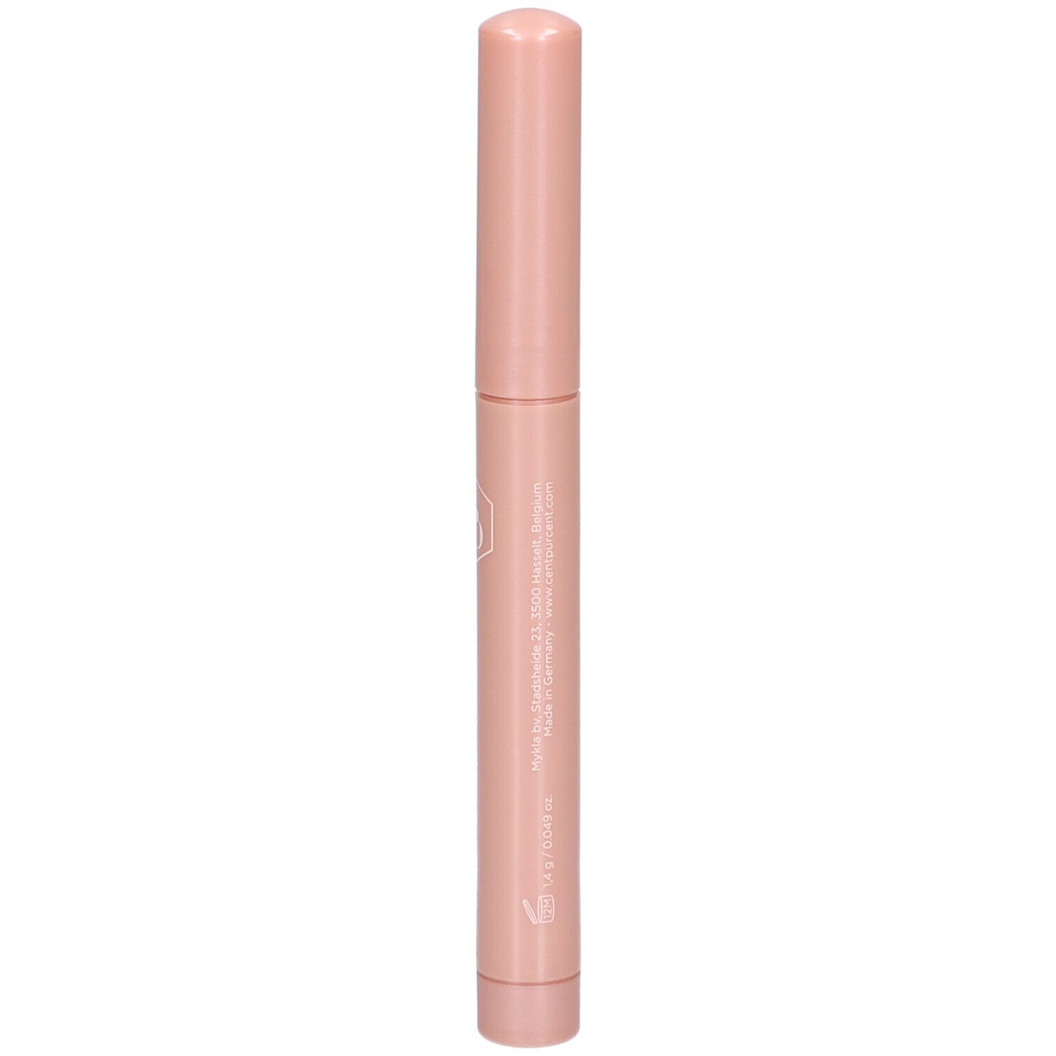 Bâton cosmétique rose avec inscription CENT PUR CENT. Forme cylindrique avec extrémités arrondies. Logo et texte.