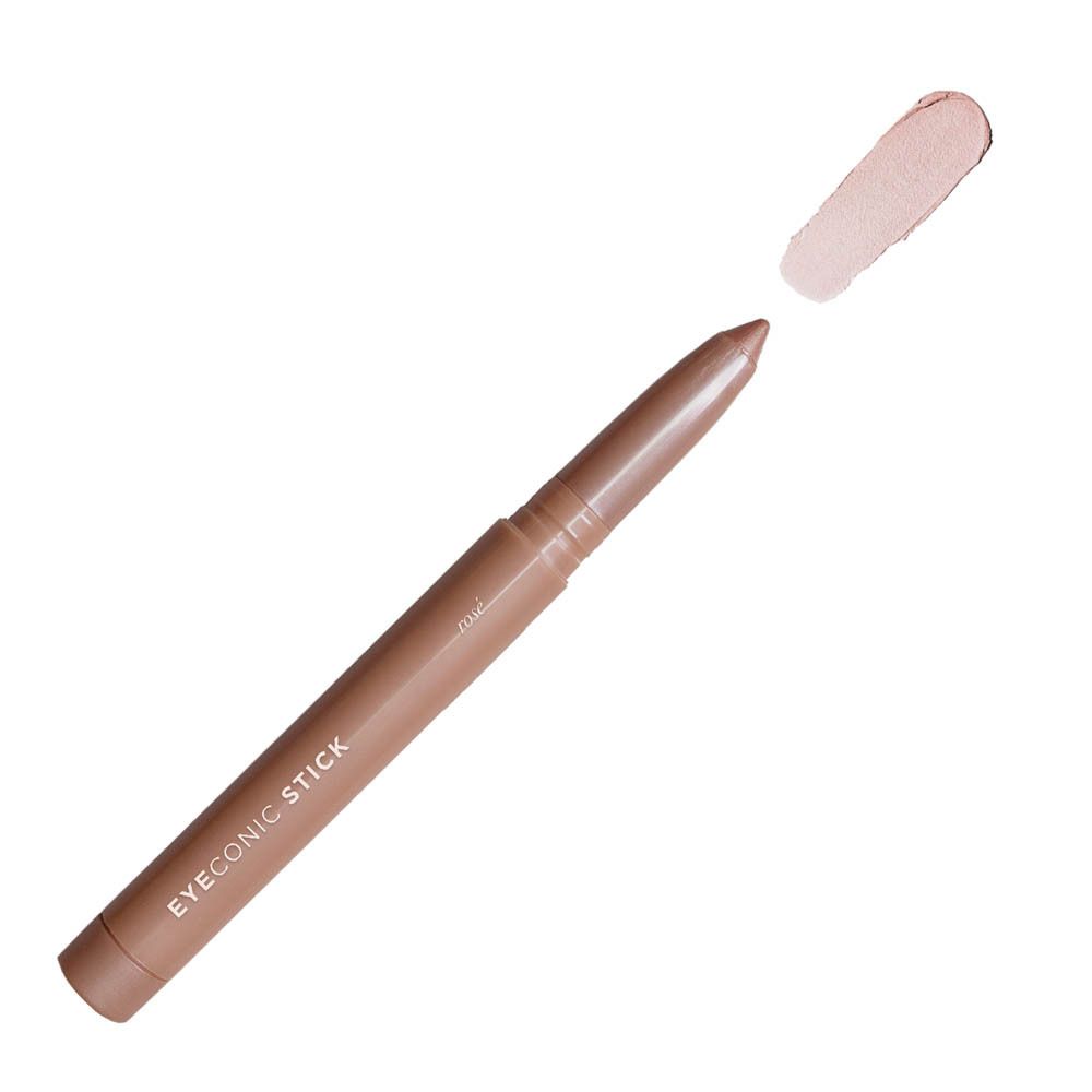 Un crayon fard à paupières beige clair avec un échantillon appliqué à côté.