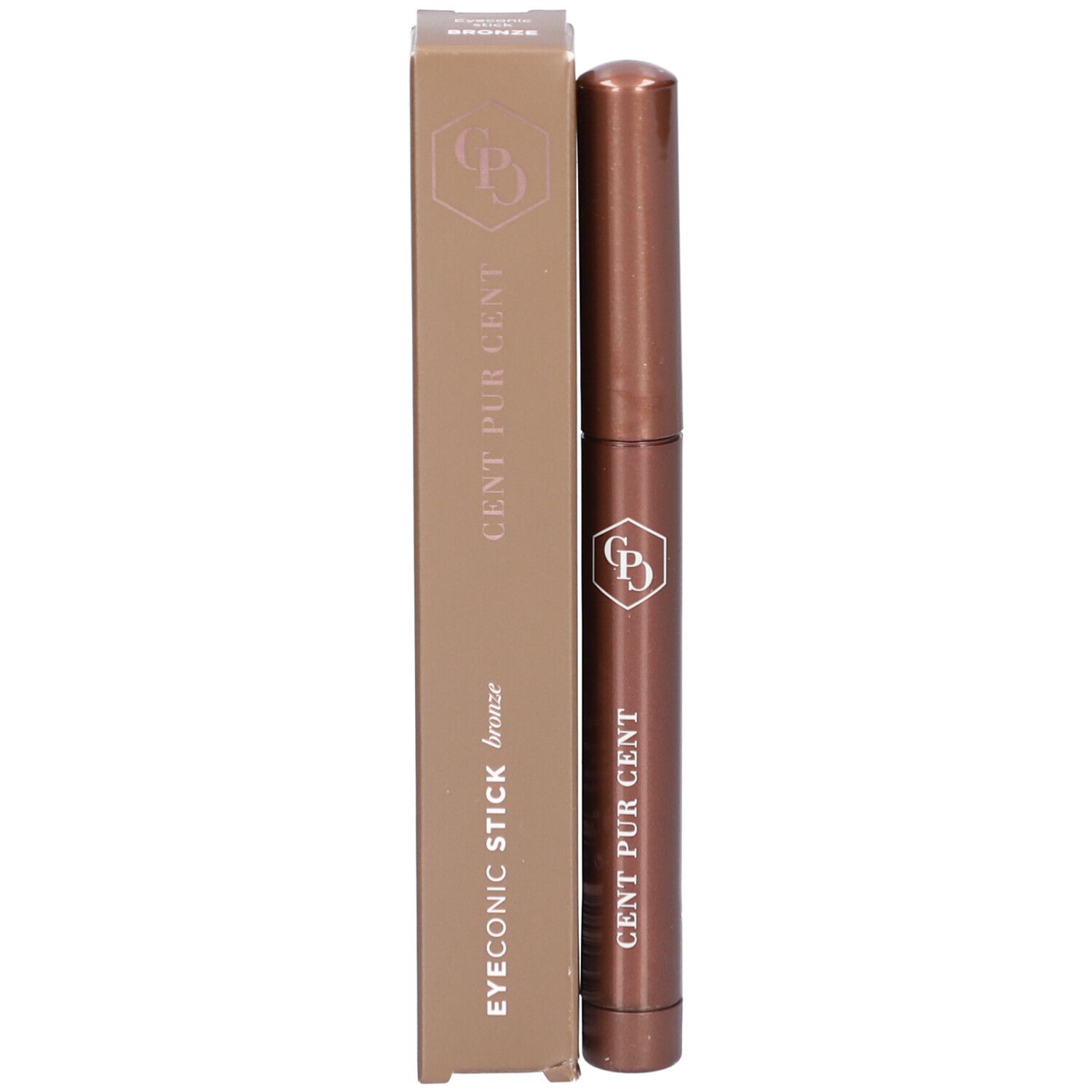 Bronzen stick en verpakking. Opschrift: EYECONIC STICK Bronze, CENT PUR CENT. Logo.