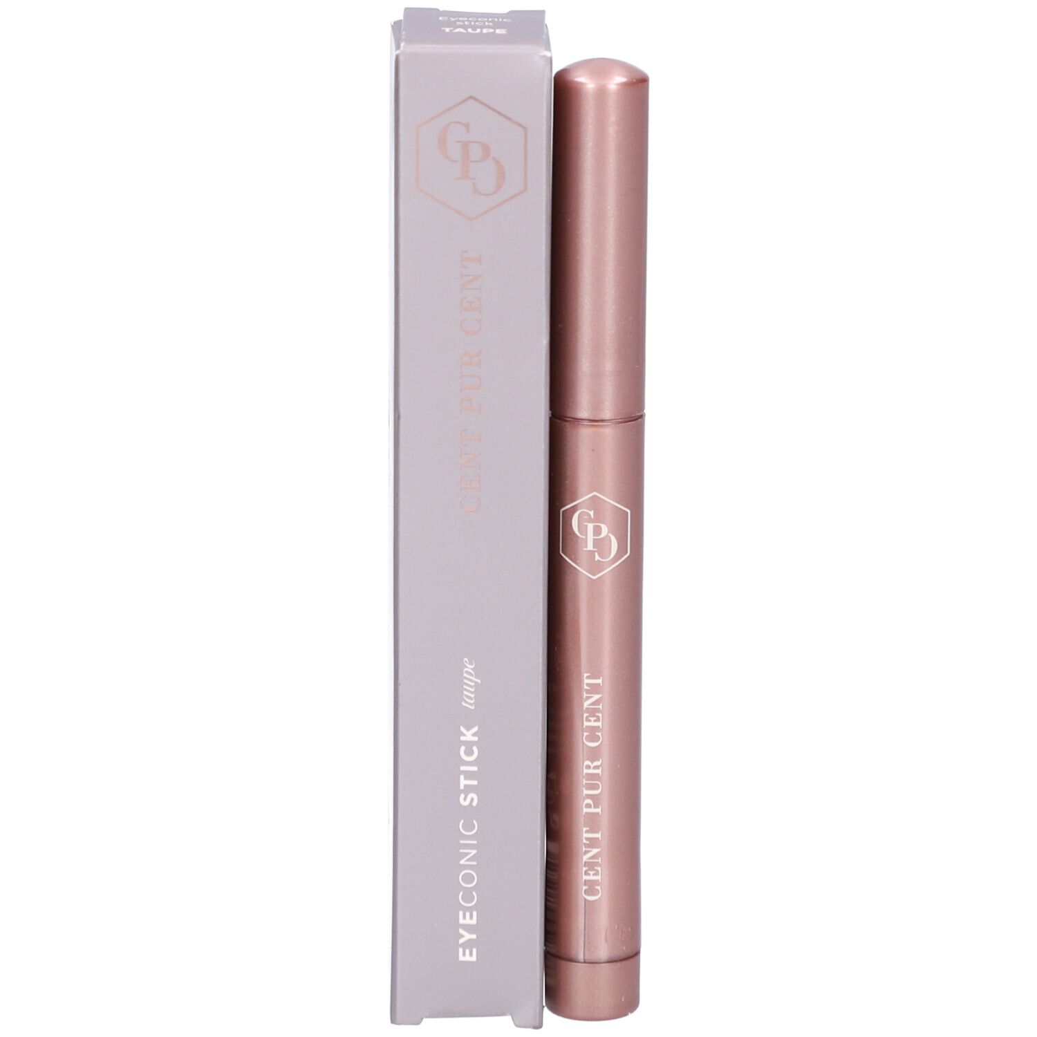 Roze stick en verpakking. Opschrift: EYECONIC STICK Taupe, CENT PUR CENT.