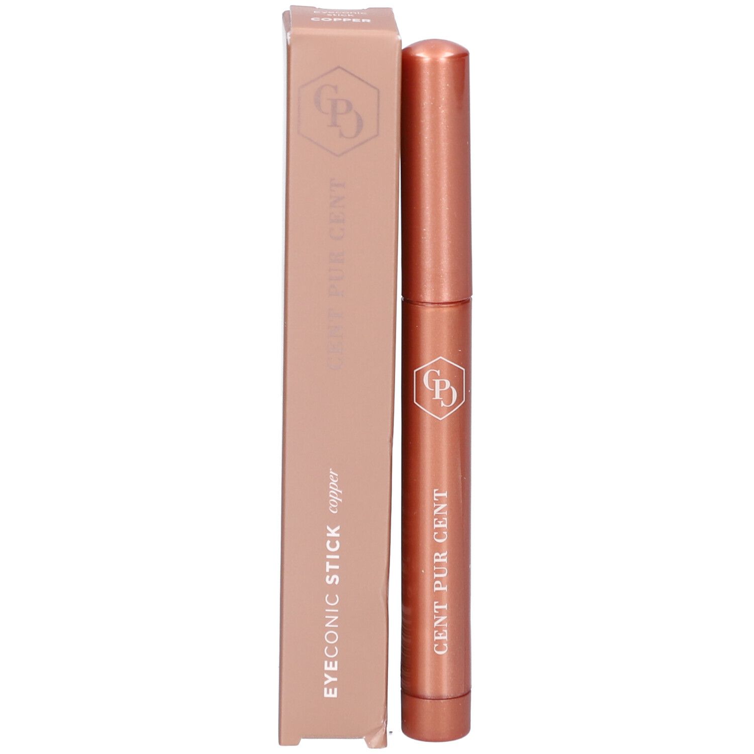 Koperkleurige stick en verpakking. Opschrift: EYEONIC STICK copper, CENT PUR GENT en logo.