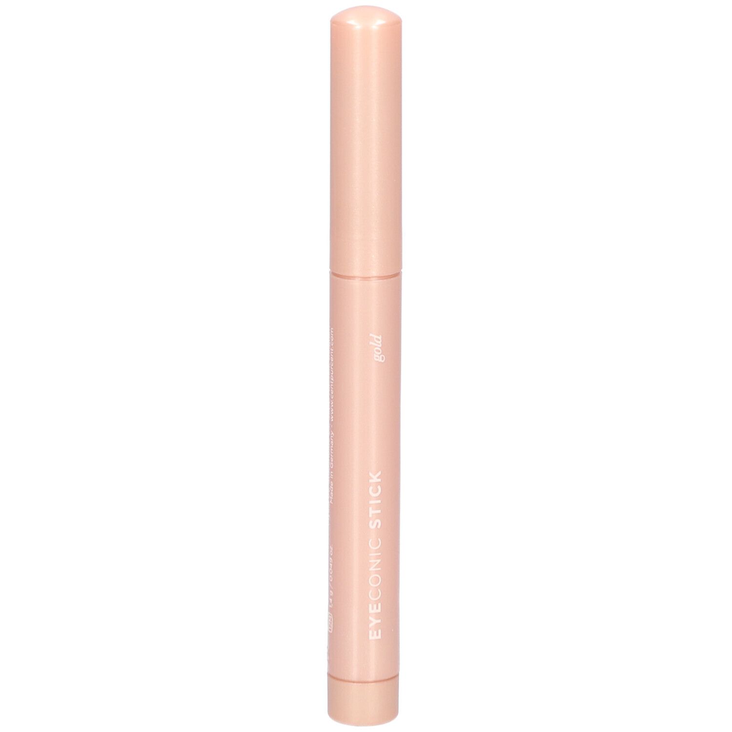 Bâtonnet rose. Inscription : EYECONIC STICK gold. Forme cylindrique avec extrémités arrondies.
