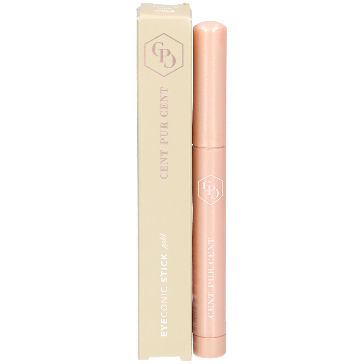 Produit et emballage. Bâtonnet et boîte. Inscription : EYECONIC STICK gold, CENT PUR CENT. Logo.