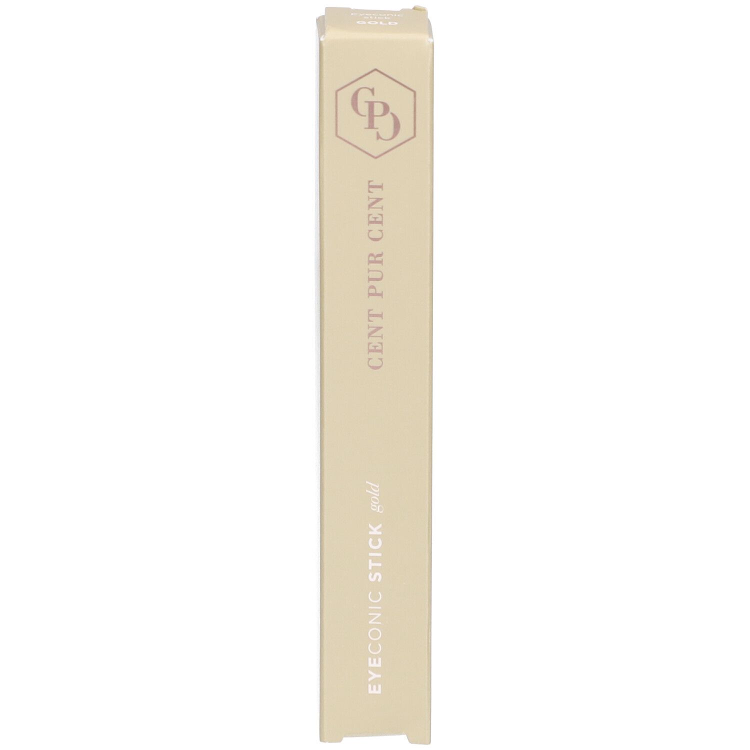 Emballage en carton. Inscription : EYECONIC STICK gold, CENT PUR CENT. Logo. Couleur beige.