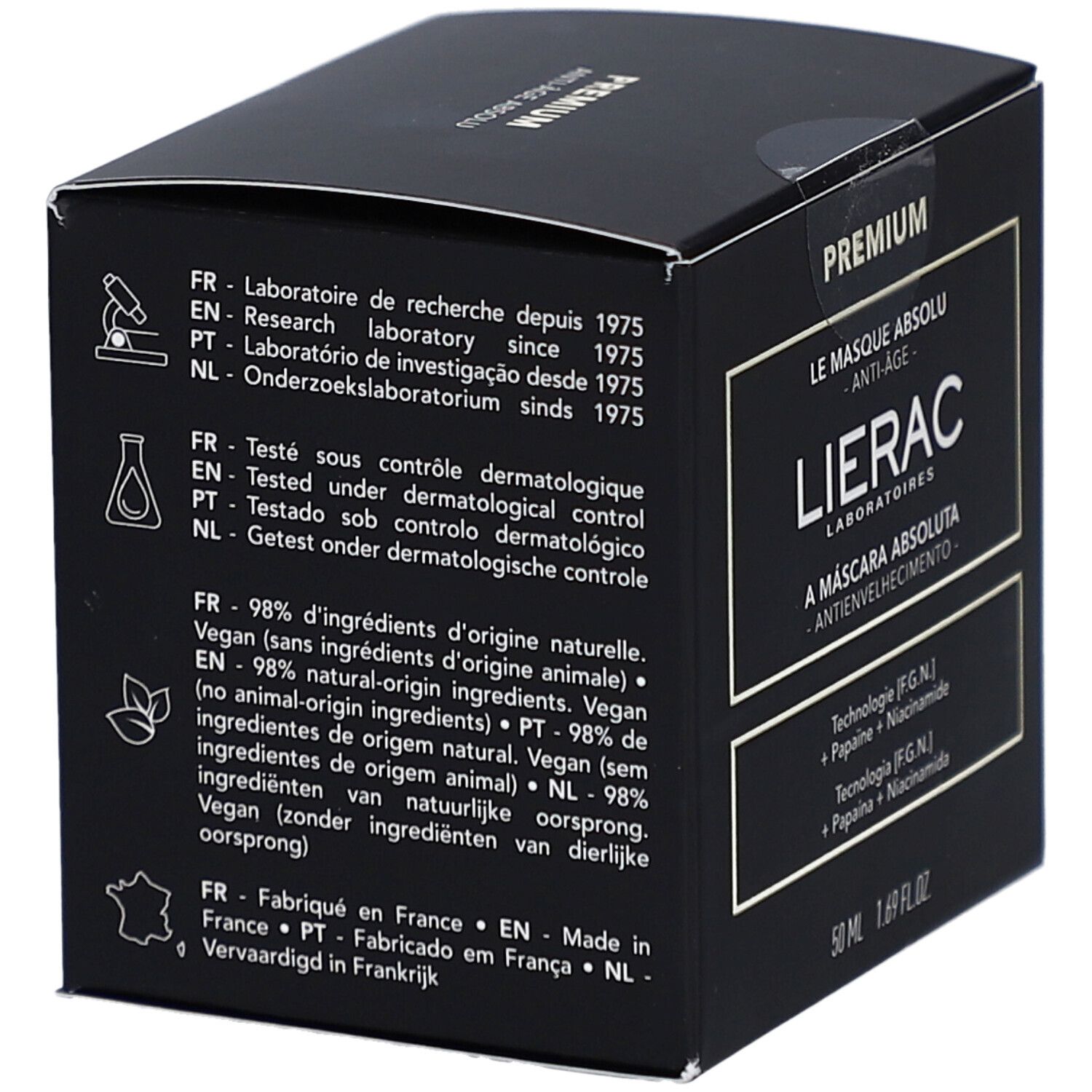 Emballage noir avec texte. Informations sur laboratoire, contrôle dermatologique, ingrédients. Vegan. Fabriqué en France.