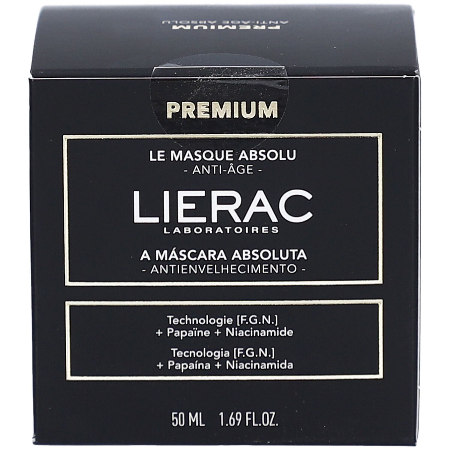 Emballage noir avec informations produit. Inscription: Lierac, Le Masque Absolu Anti-Age. Contient Papain et Niacinamide. 50 ml.