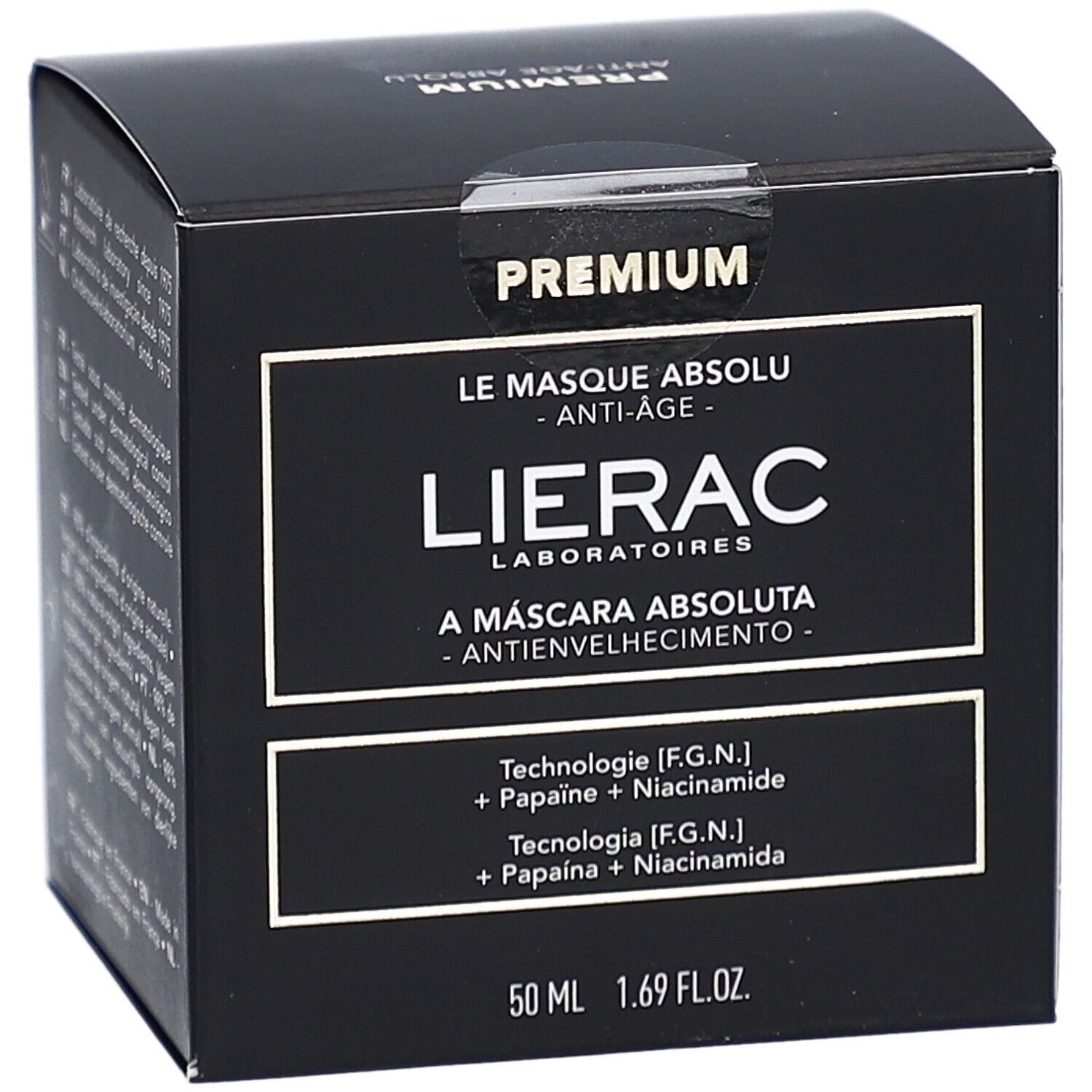 Emballage noir avec informations produit. Inscription: Lierac, Le Masque Absolu Anti-Age. Contient Papain et Niacinamide. 50 ml.