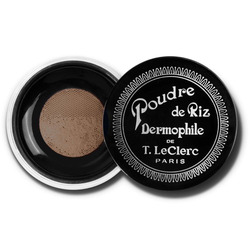 Boîte de poudre Dermophile ouverte. Couvercle noir, texte blanc. Poudre beige. Marque T. LeClerc.