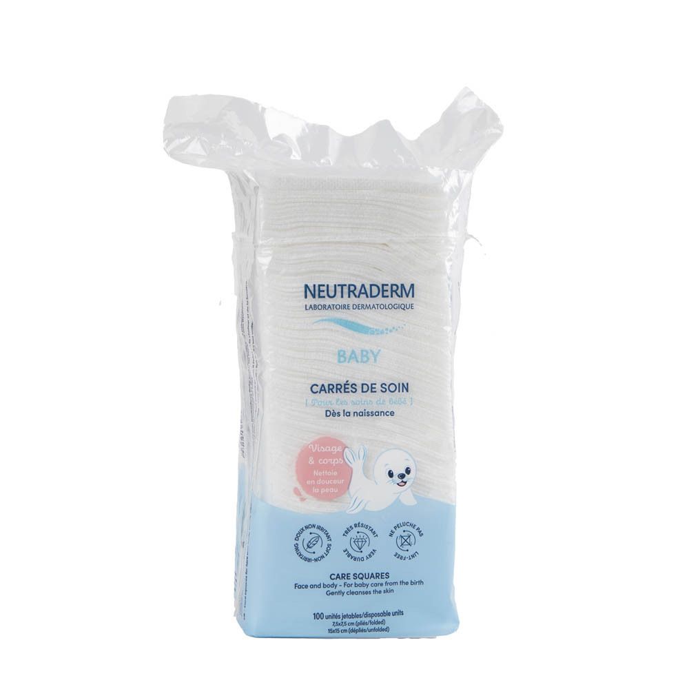 Neutraderm Baby verzorgingsdoekjes, verpakking. Witte vierkante doekjes. Bedrukking met logo, productnaam, baby-illustratie.